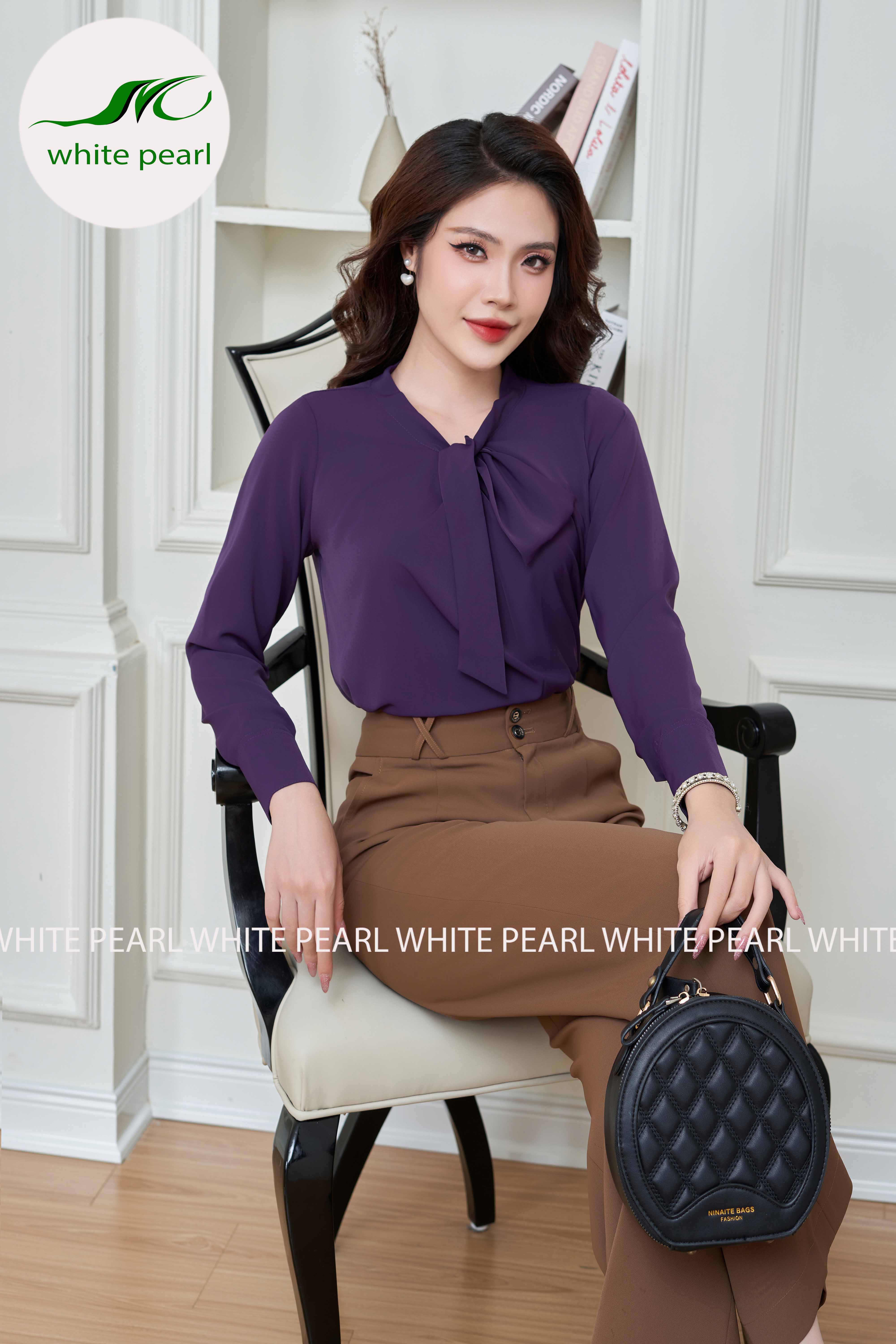 Áo cổ nhật nơ lệch màu tím Thời trang công sở White Pearl_thumbnail_2