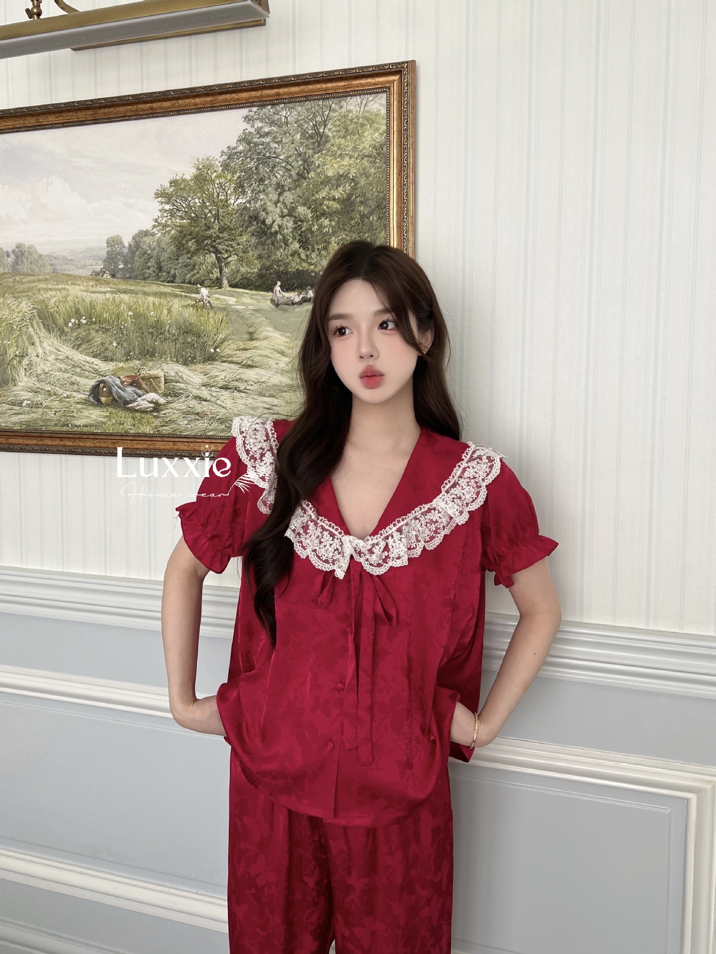 N108B Pijama lụa gấm hoa cổ ren trắng buộc nơ cộc tay_thumbnail_15