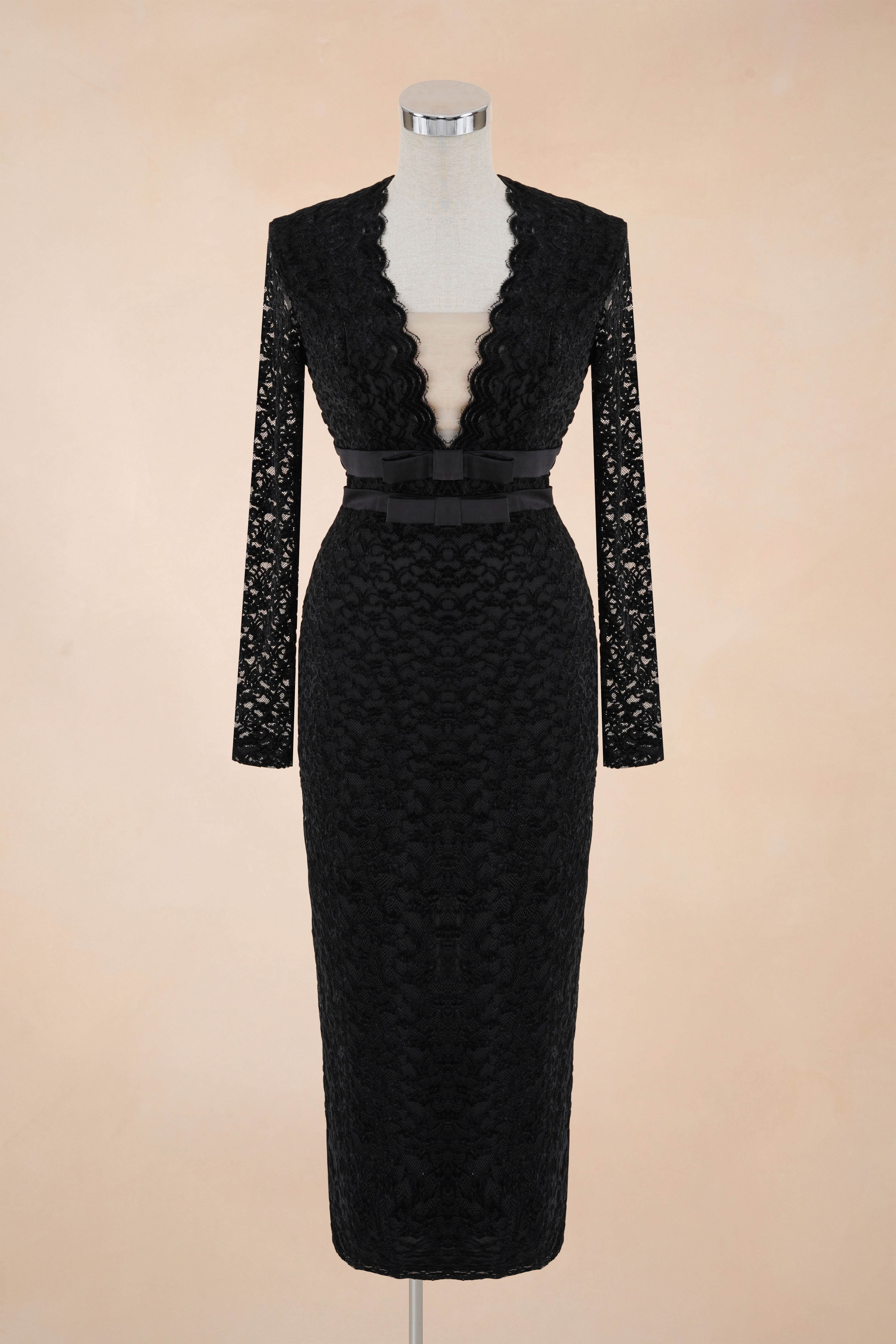 Đầm Bút Chì Cổ V Nơ Eo Lưới Ngực_thumbnail_3