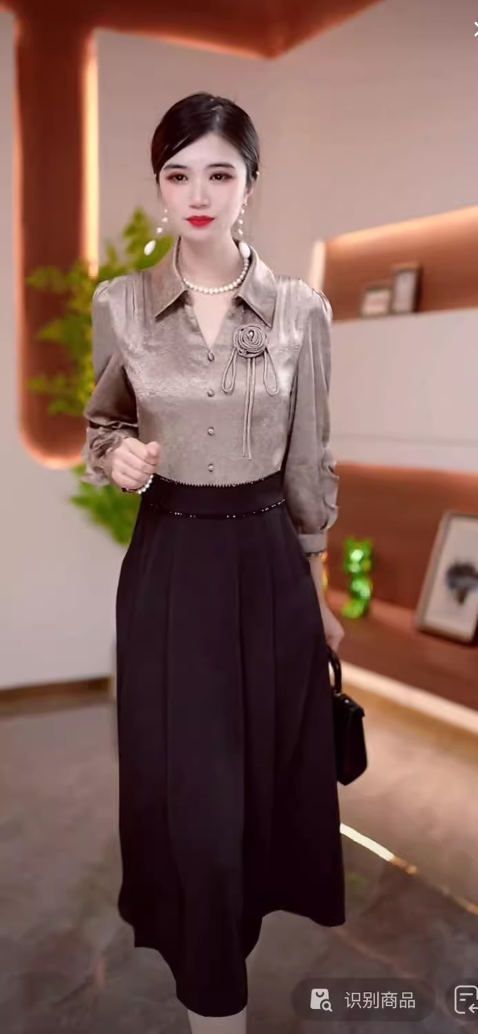 15344-Đầm xòe  A tay dài  phối hai màu  xám  đen (  lụa vân gấm,  chéo nhật)_thumbnail_0