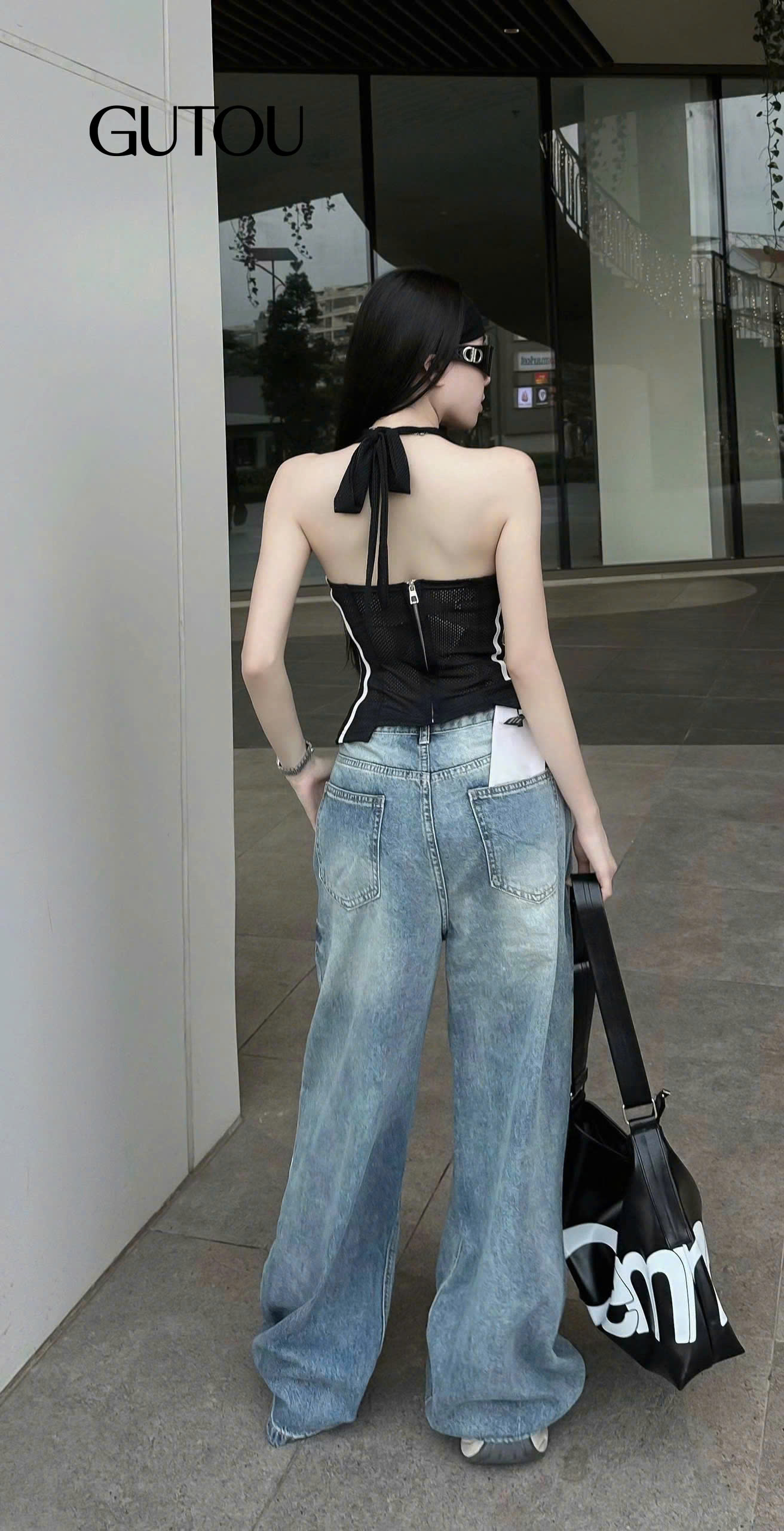 [ GUTOU ] Quần Jean Suông Rách Gối Vẩy Sơn_thumbnail_3