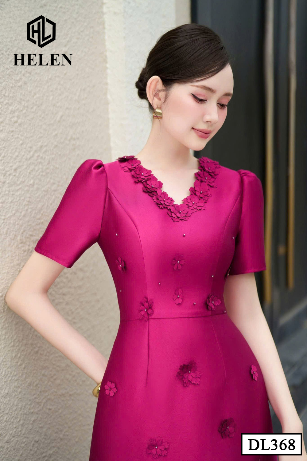 (Pre -order) Đầm xòe tapta hồng đính hoa cổ DL368