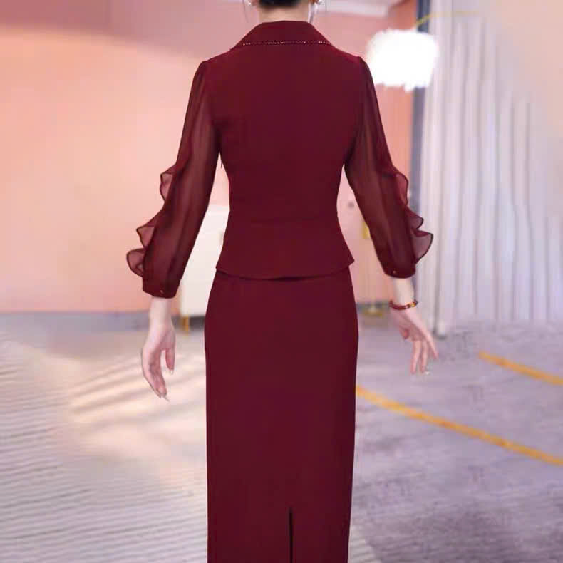 18119-Đầm body suông dáng peplum cổ bẻ phối tay voan đỏ đô ( lụa, lót thun)_thumbnail_1