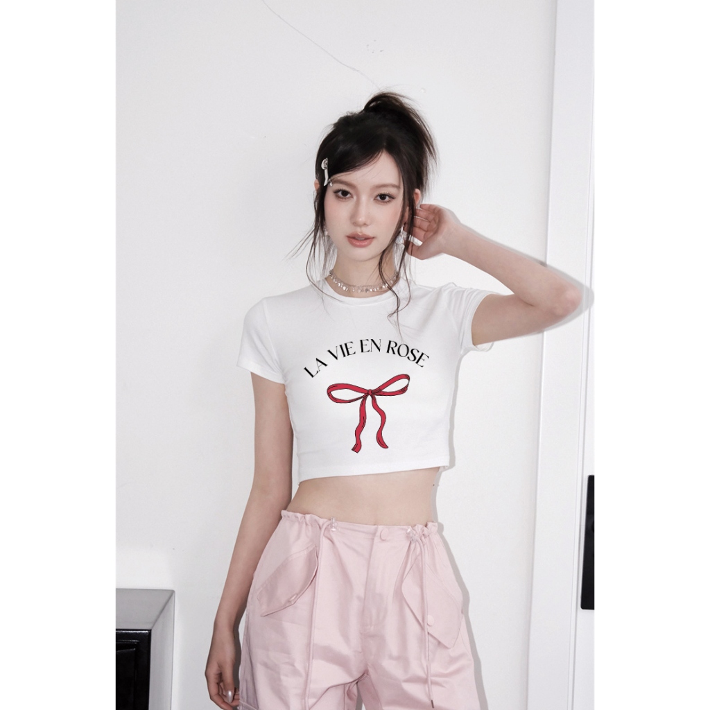 Áo croptop nơ xinh form ôm CRD1219 Miucho tay ngắn vải cotton thoáng mát cổ tòn in mix_thumbnail_4