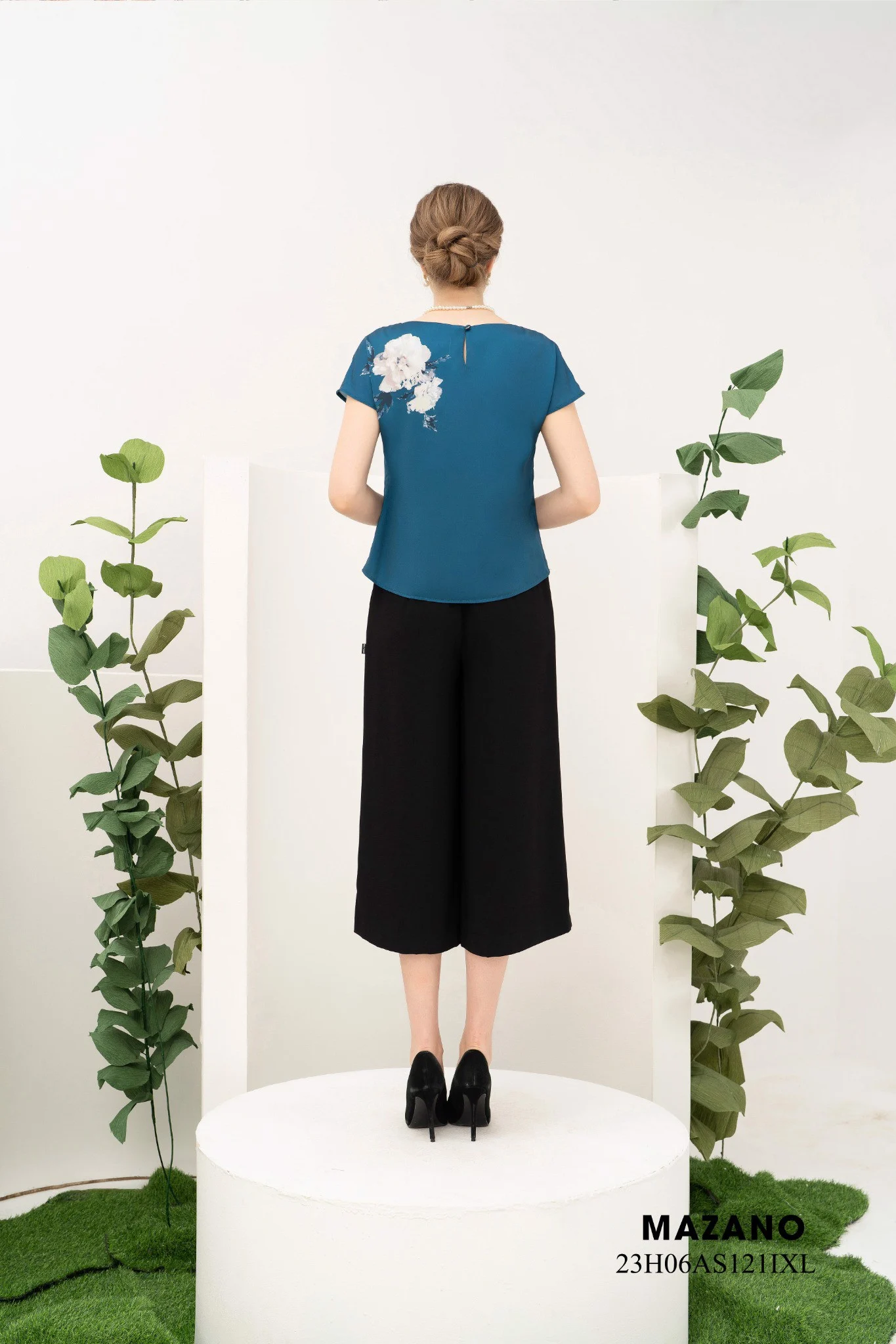 Áo Top ngắn chui đầu Suông Vải lụa mỏng Họa tiết hoa cách điệu Cổ tròn Tay ngắn Dài dưới eo_thumbnail_2