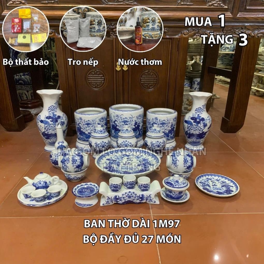 HG351 Đồ Thờ Cúng Bộ 27 món ban thờ 1M97 men lam nghệ nhân Bát Tràng chế tác TẶNG Thất Bảo, Tro Nếp