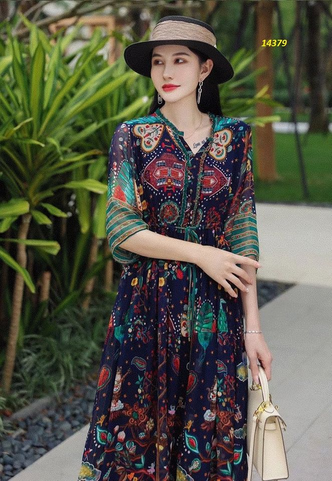 14379-Đầm xòe xanh đen họa tiết dạng thổ cẩm_thumbnail_1