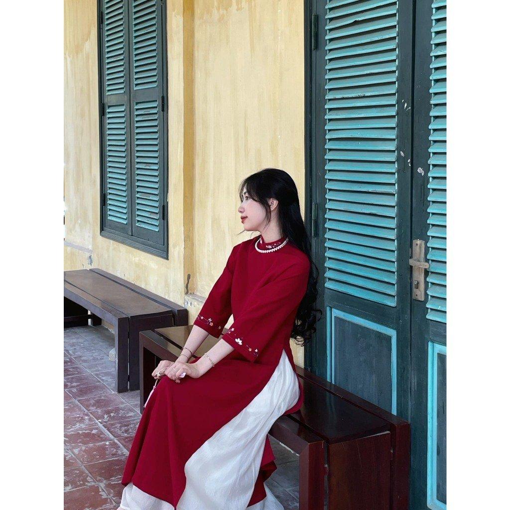 Nhung Tăm Áo Dài Cách Tân Nữ Váy Dáng Suông TH04-2 Thêu Hoa Lá Thời Trang TH04-2_thumbnail_5