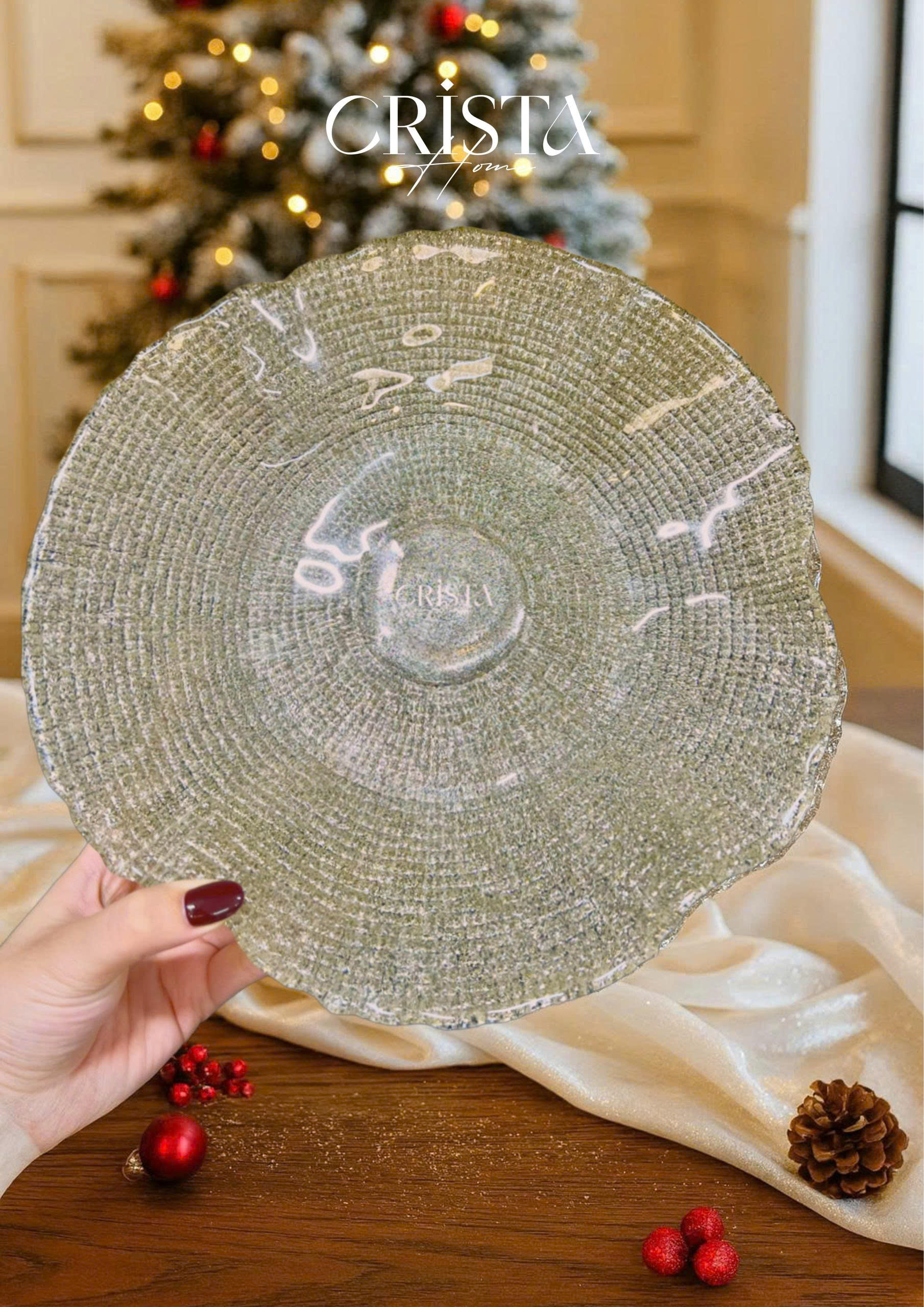 Đĩa thủy tinh cao cấp CRISTA HOME chân bồng vân lưới size 29 cm_thumbnail_1