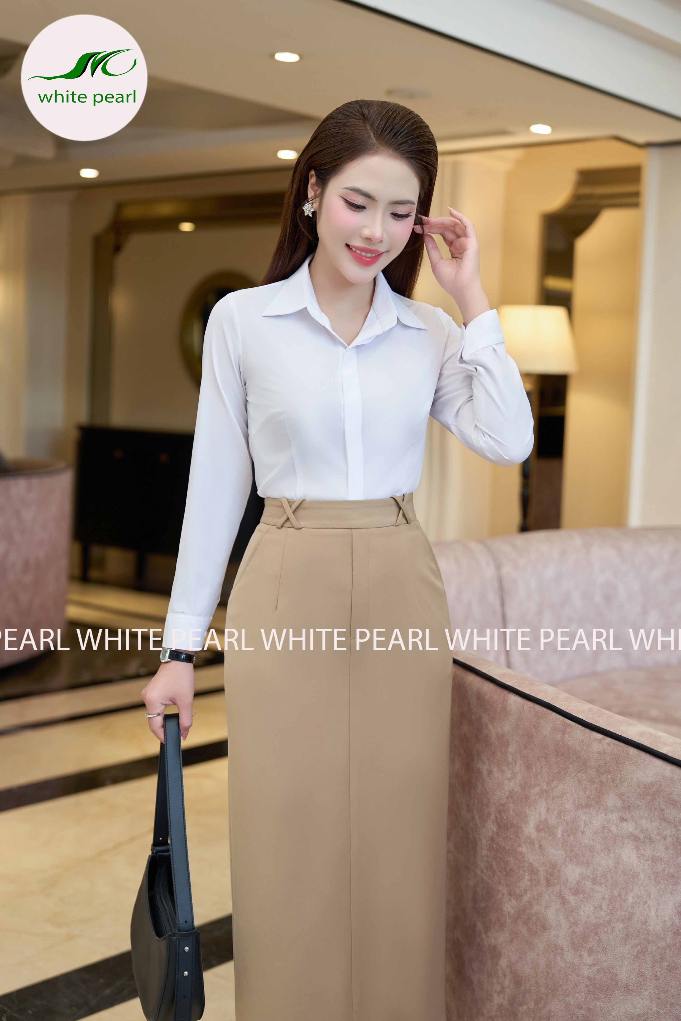 Áo sơ mi cổ đức tay dài kết hợp Chân váy ôm suông đỉa X CVTT26-11 Thời trang công sở cao cấp White Pearl_thumbnail_1