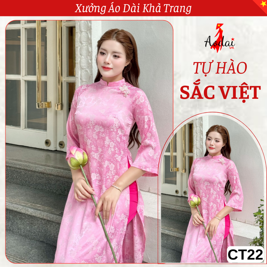 Bộ Áo dài Cách Tân Gấm Dáng Suông CT22 màu Hồng phấn cổ cao 2cm tay lỡ_thumbnail_2