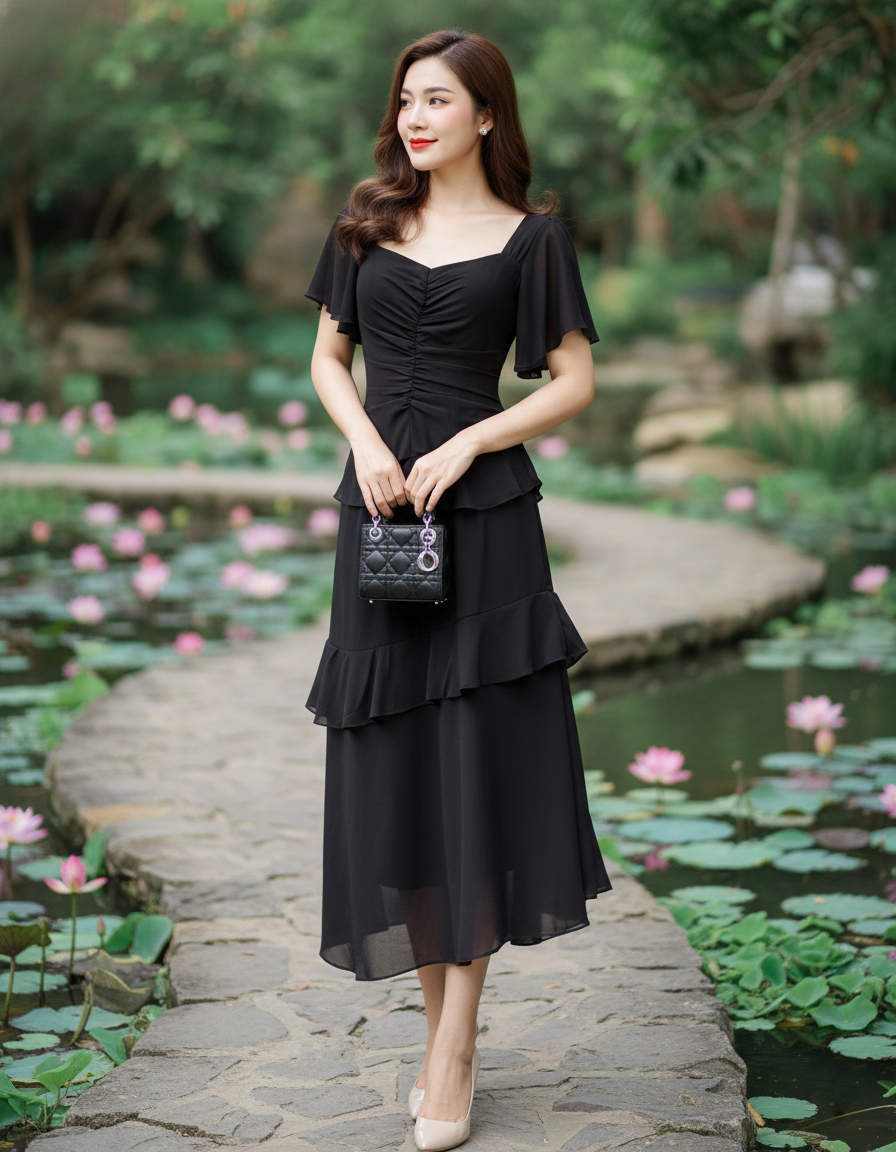 Đầm midi tay cánh tiên cổ u phối bèo xinh xắn_thumbnail_4