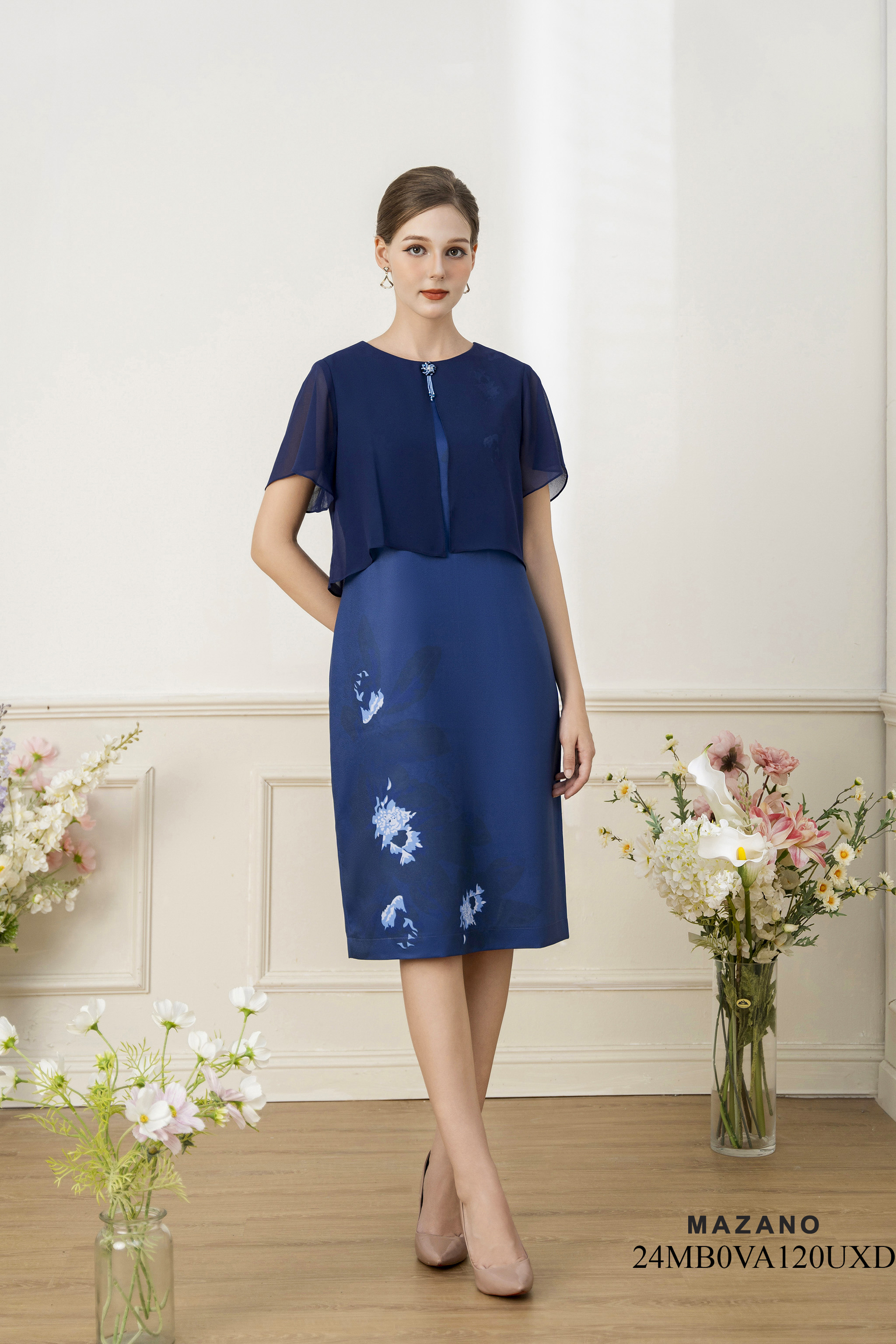 Váy Đầm Suông Vải thô mỏng phối Layer chiffon Hoạ tiết hoa cách điệu Cổ tròn Tay ngắn Dài qua gối