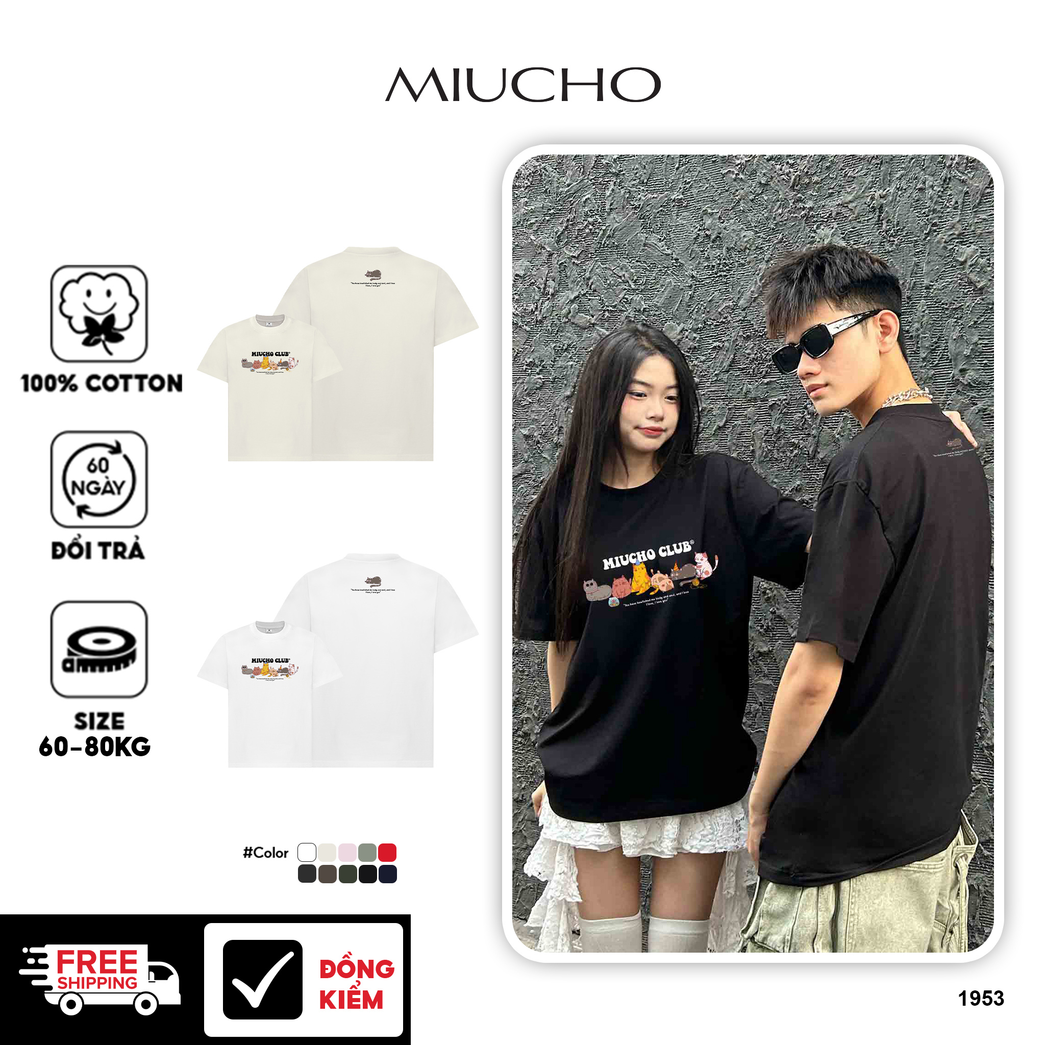 Áo phông đôi nam nữ form rộng 1953 Miucho Club cổ tròn vải cotton 2c 250gsm dày dặn in mix_thumbnail_1