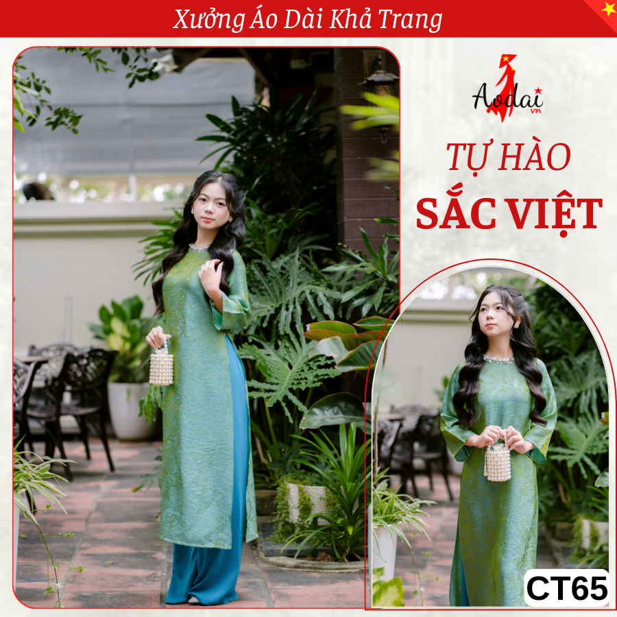 CT65 Áo Dài Cách Tân Gấm Dáng Suông Tơ Óng Kim Cương Cổ Tròn Tay Loe Màu Xanh Ngọc