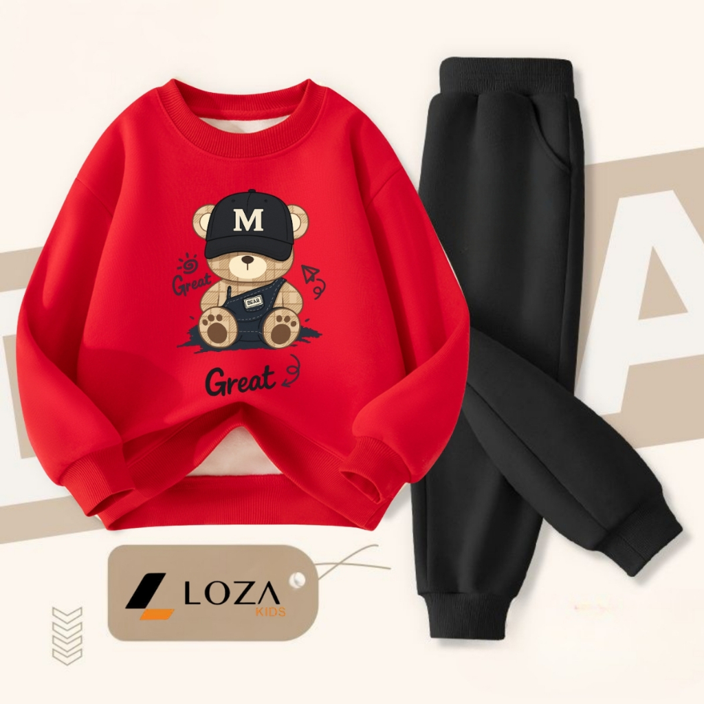 Set bộ nỉ bé trai in hình Gấu đội mũ M - Loza Kids BI481