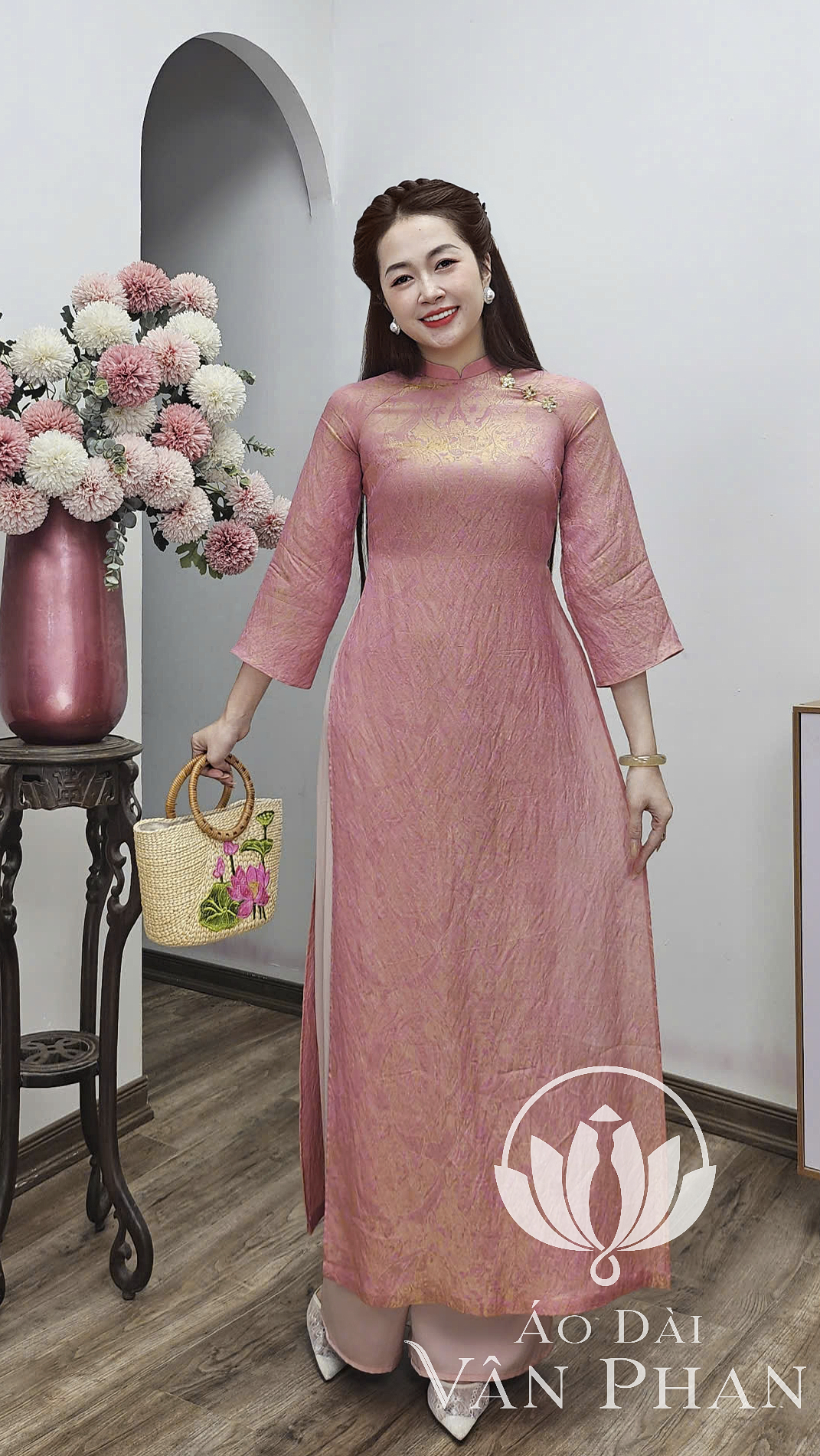 CT355 áo dài cách tân cổ 2p tay loe dài tằm tencel màu hồng cam_thumbnail_2