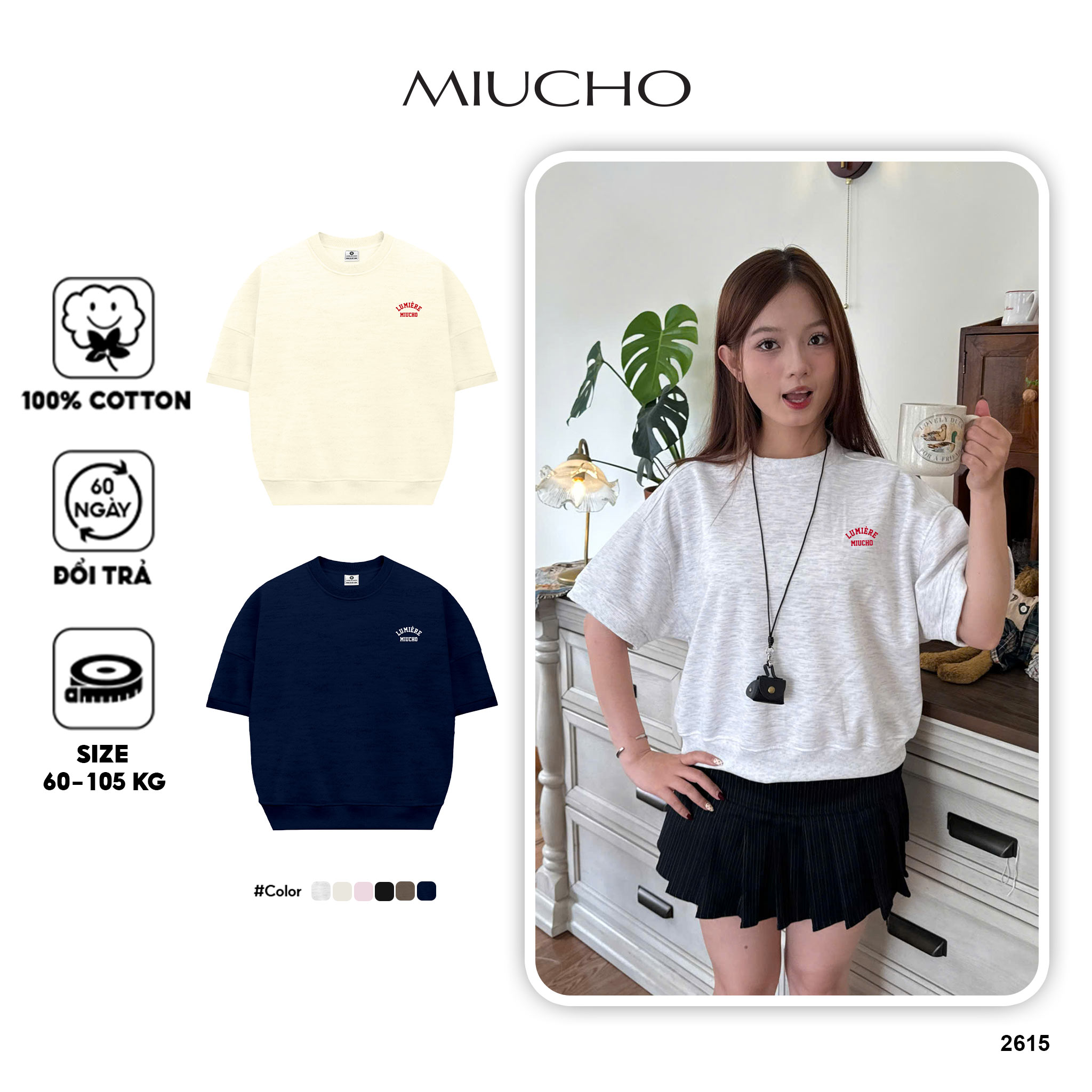 Áo sweater boxy thiết kế basic tay ngắn chuẩn form 2615 Miucho vải nỉ 2 da thoáng mát thấm hút mồ hôi tốt_thumbnail_1