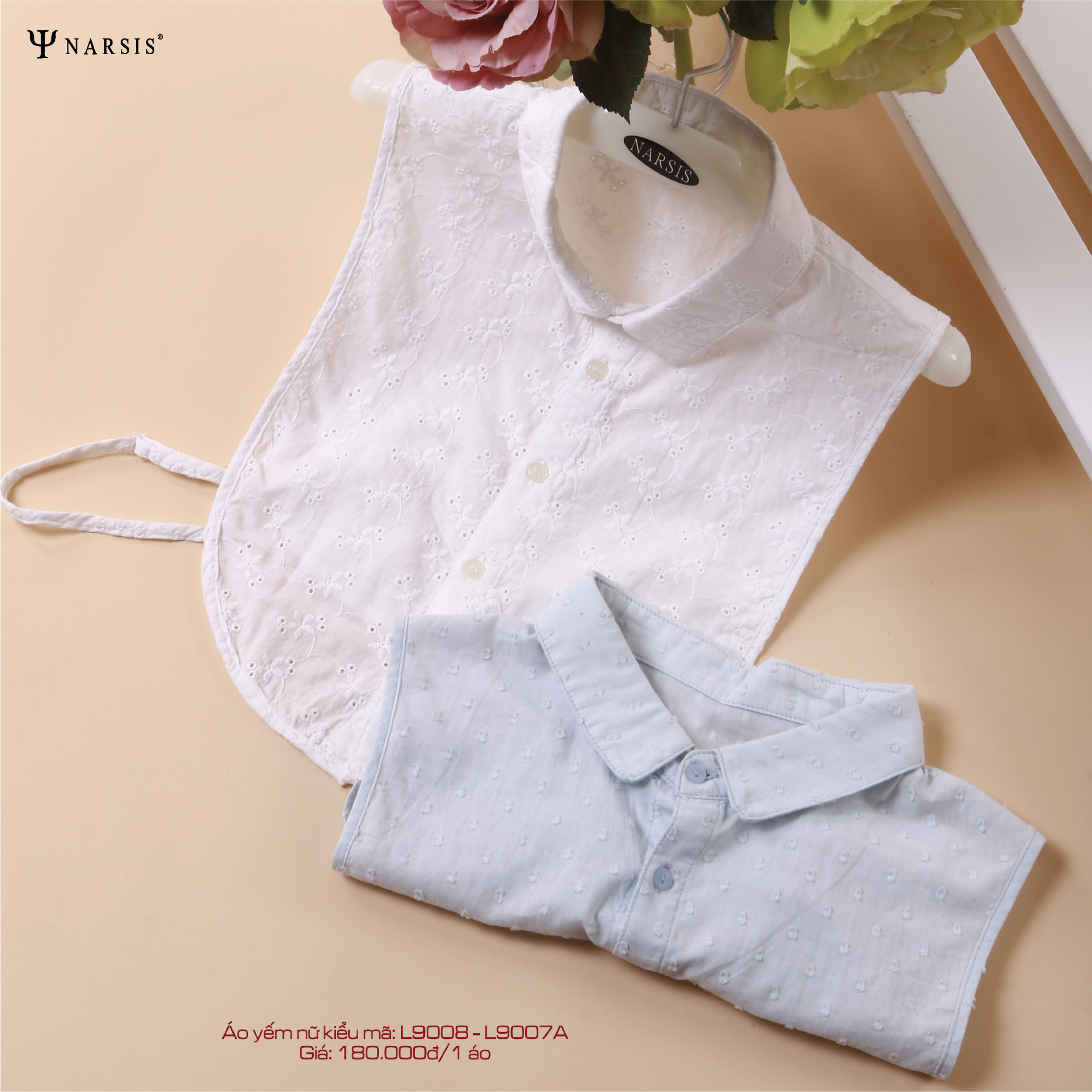 CỔ ÁO SƠ MI GIẢ NỮ - HOA TRẮNG NỀN TRẮNG L9007 NARSIS CHẤT LIỆU THOÁNG MÁT, DỄ CHỊU, THOẢI MÁI CẢ..._thumbnail_1