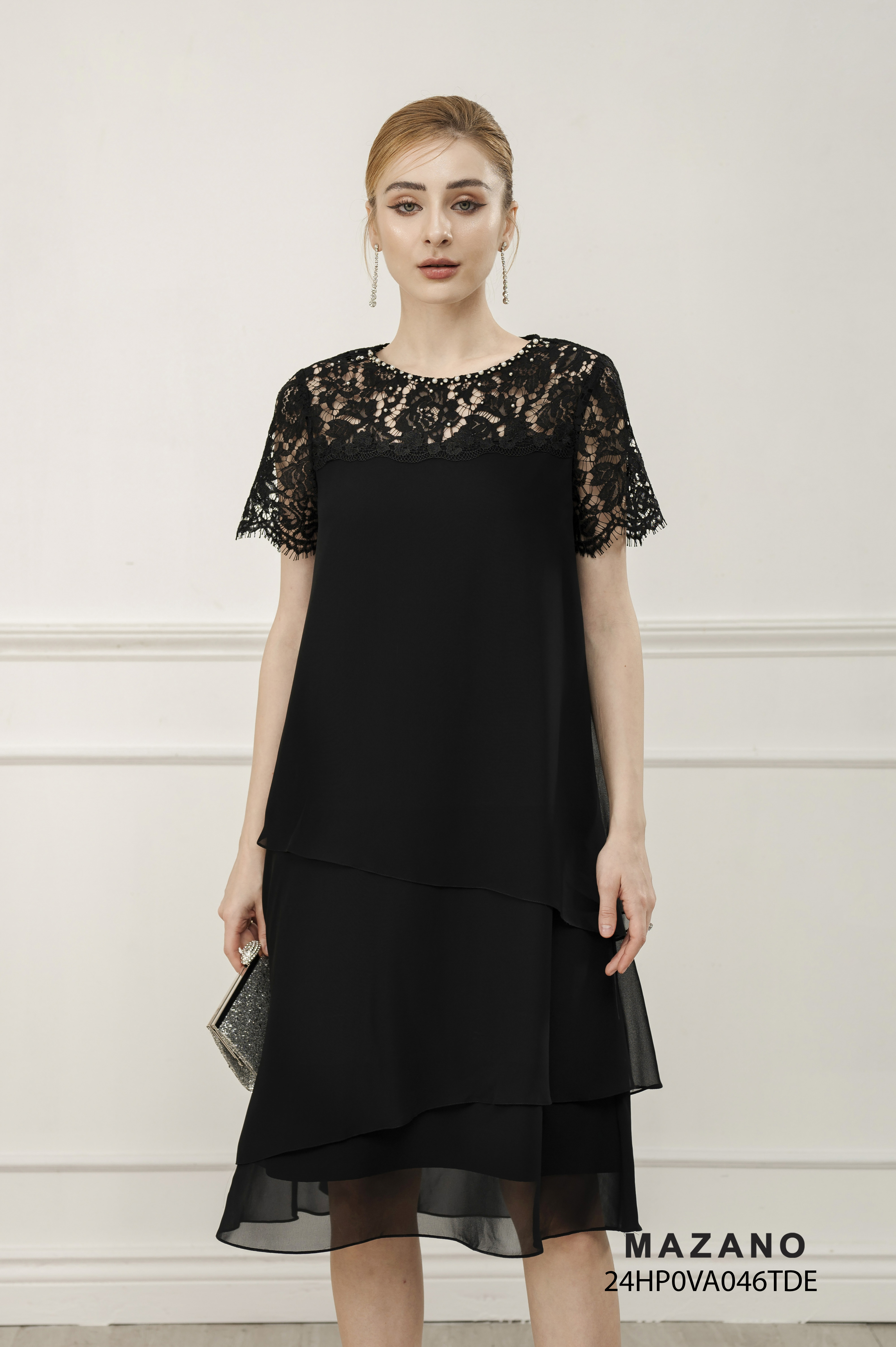 Váy Đầm suông A larer Vải voan mỏng Phối zen thêu Đính trang trí Cổ tròn Tay ngắn Dài qua gối_thumbnail_0