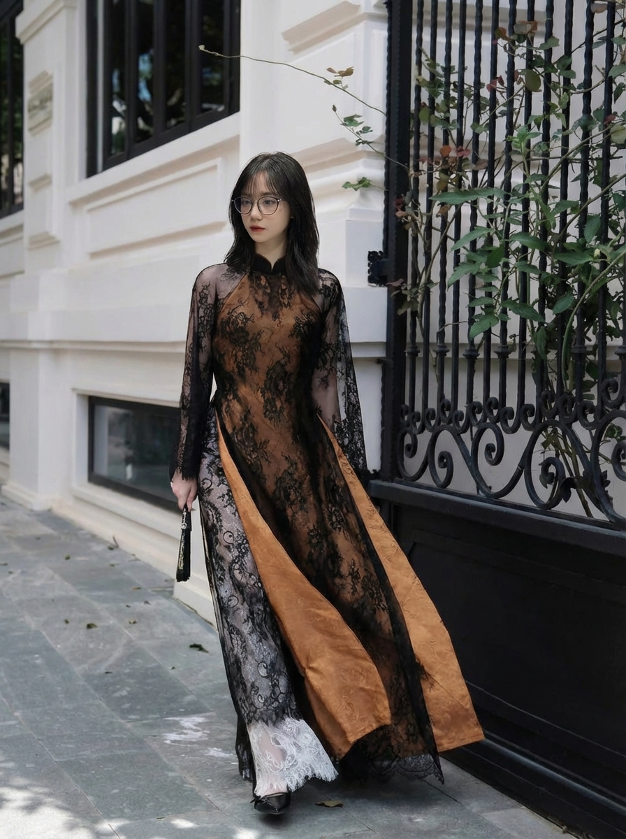 Áo Dài Nữ Đen Có Ren