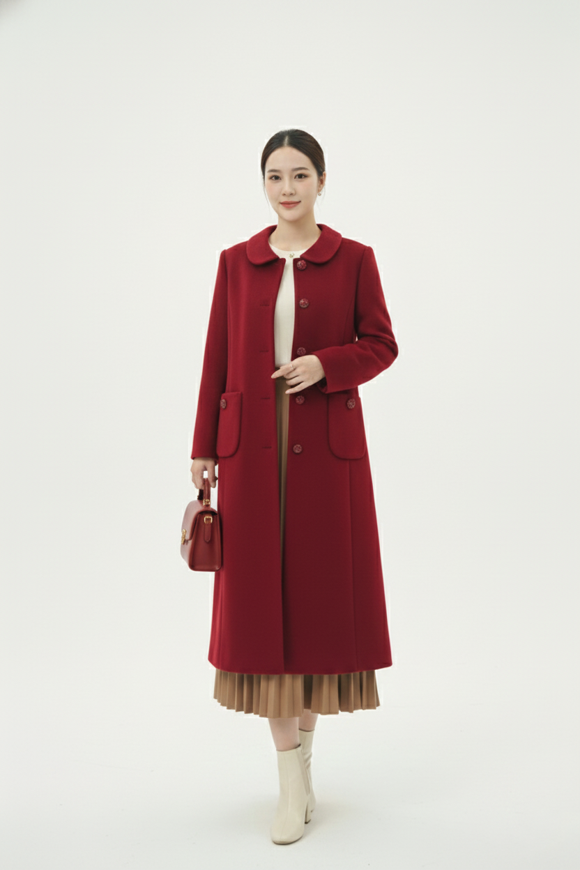 Áo măng tô Suông Vải dạ lông cừu Trang trí khuy hoa hồng Cổ bẻ Dài đến bắp chân_thumbnail_11