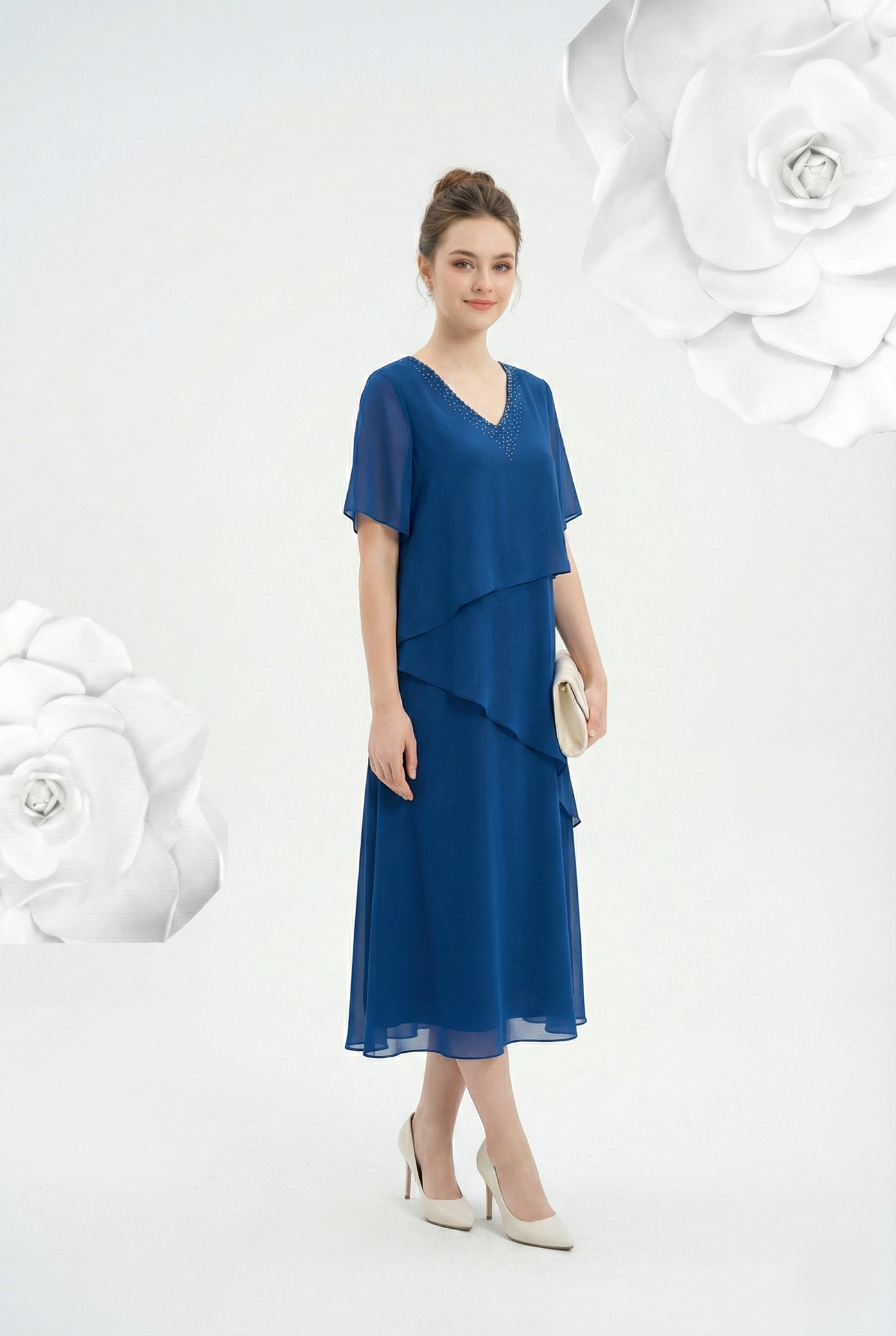 Đầm voan chiffon xanh đơn sắc dáng suông A cổ V tay ngắn đính hạt thiết kế MAZANO_thumbnail_2