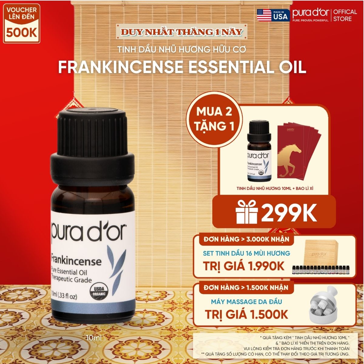 Tinh Dầu Nhũ Hương Hữu Cơ PURA D’OR Therapeutic Grade Frankincense Essential Oil 10ML