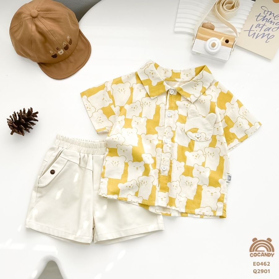 Áo cộc VÀNG họa tiết gấu phối túi gấu