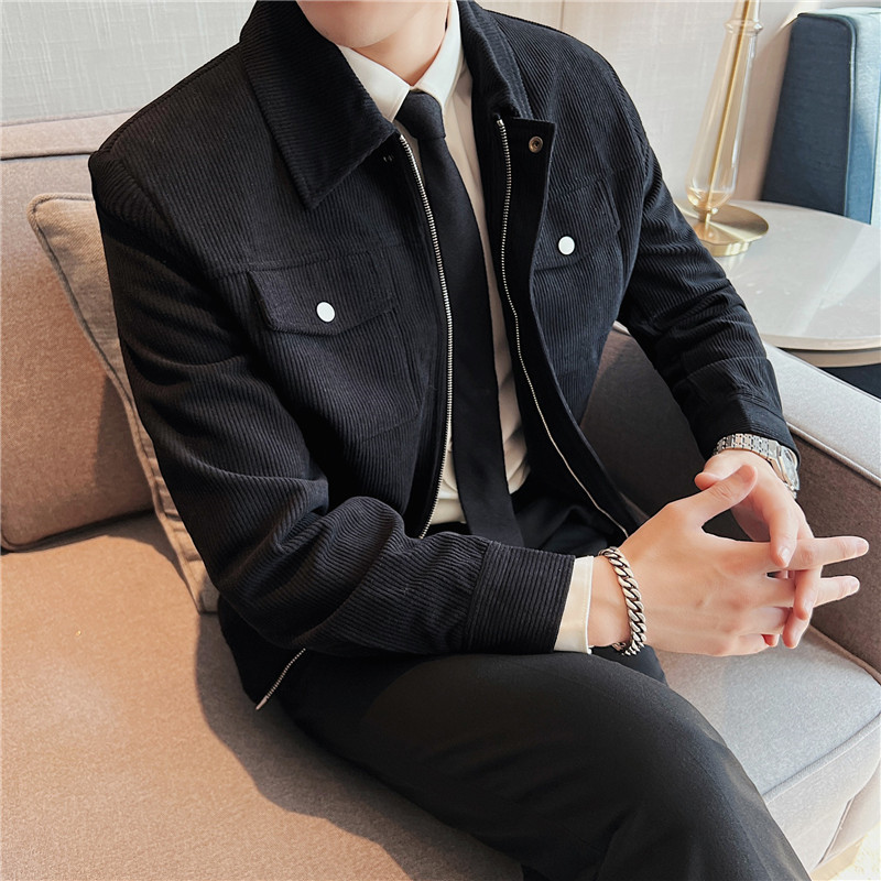 Áo jacket vải nhung nam dày thu đông áo jacket mẫu ngắn ôm dáng nhung sọc ve áo đơn giản áo khoác nam khí chất_thumbnail_1