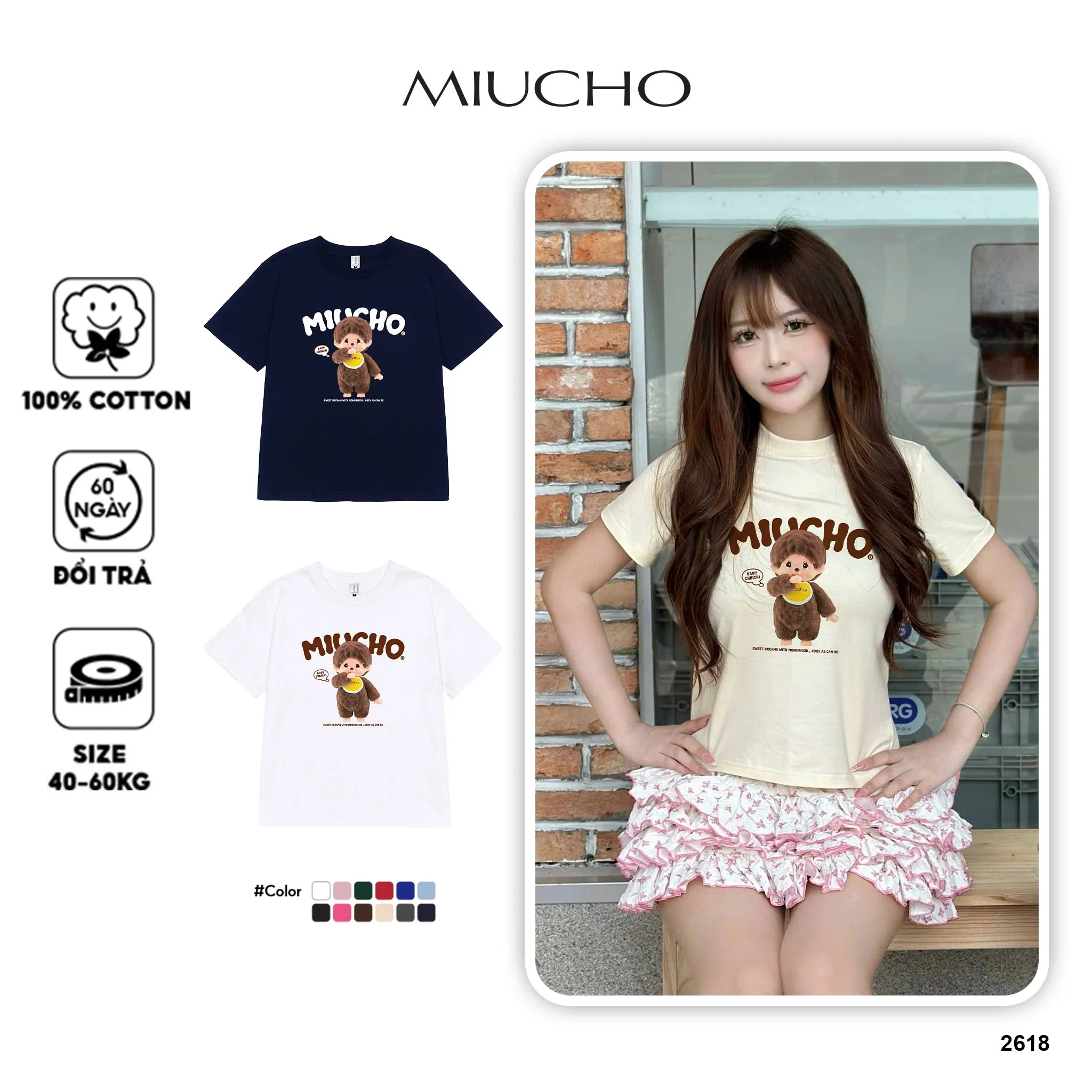 Áo baby tee hình gấu cute chuẩn form tôn dáng 2618 Miucho vải cotton thoáng mát co giãn