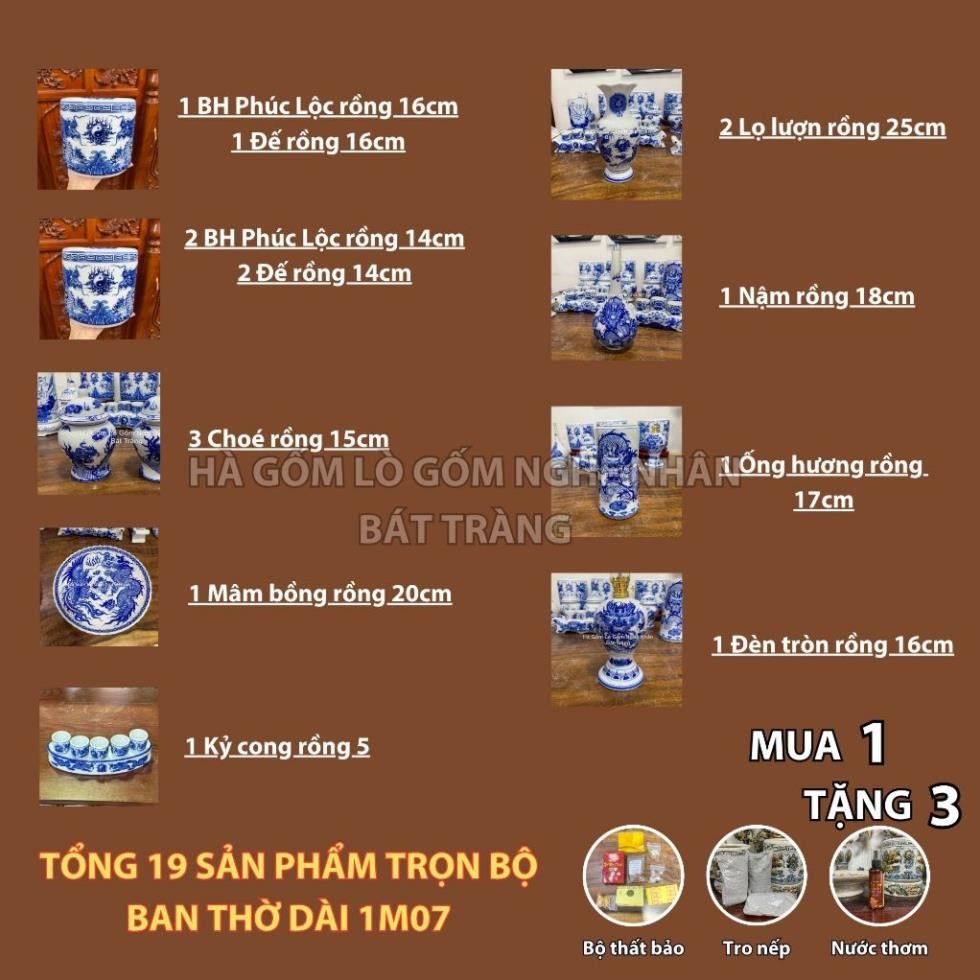 HG342 Đồ Thờ Cúng Bộ 19 món ban thờ 1M07 men lam nghệ nhân Bát Tràng chế tác TẶNG Thất Bảo, Tro Nếp