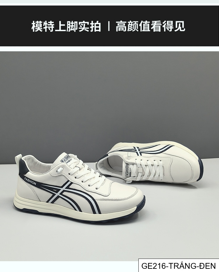 GE216 - Giày thể thao màu trắng da bò lớp đầu cho nam, giày hợp thời trang nam, giày thường ngày sang trọng nhẹ nhàng cao cấp dễ phối đồ thích hợp châu Âu da thật