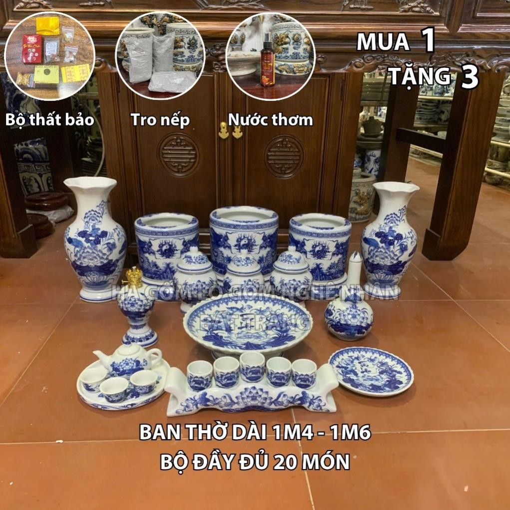 HG343 Đồ Thờ Cúng Bộ 20 món ban thờ 1M4 - 1M6 men lam nghệ nhân Bát Tràng chế tác TẶNG Thất Bảo, Tro Nếp