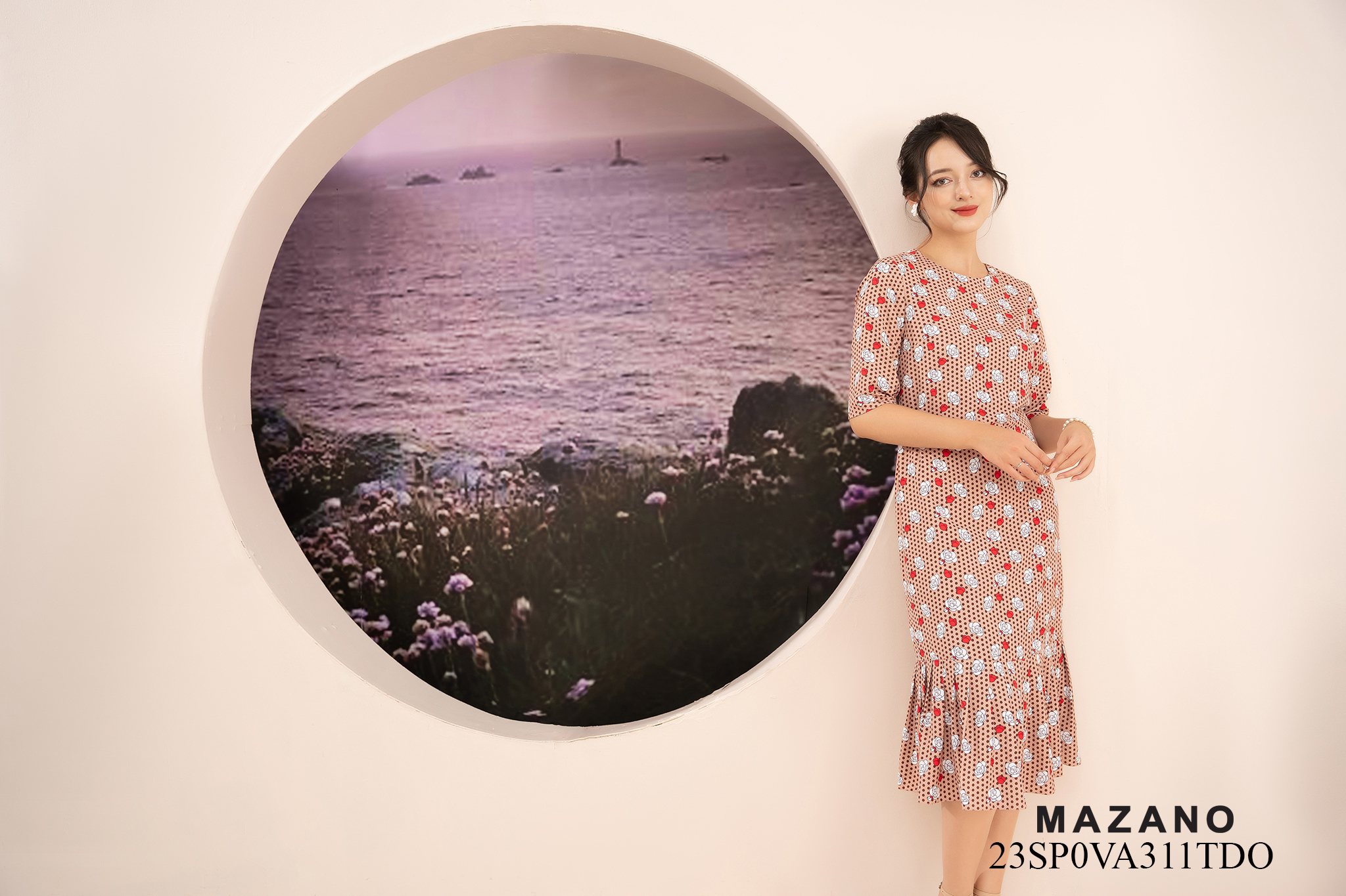 Váy Đầm Suông Chân xếp ly Vải thô mỏng Họa tiết hoa hồng Cổ tròn Tay lỡ Dài đến bắp chân_thumbnail_1