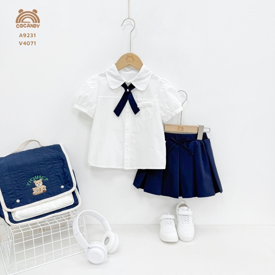 Áo cộc TRẮNG sơ mi nơ túi ngực