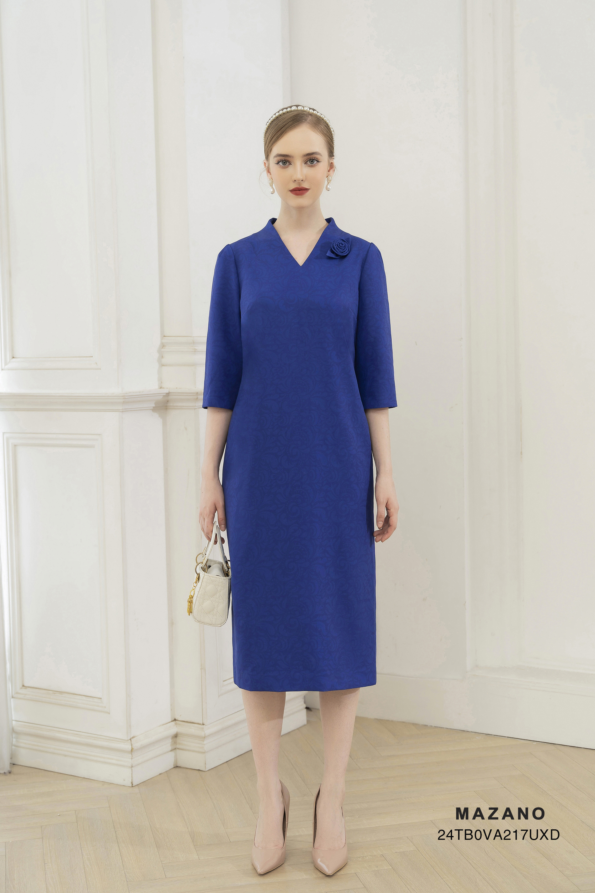 Váy Đầm suông Vải thô dày dặn in họa tiết hoa văn chìm Đính hoa cuốn Vổ V leo Tay lỡ Dài tới bắp chân_thumbnail_0