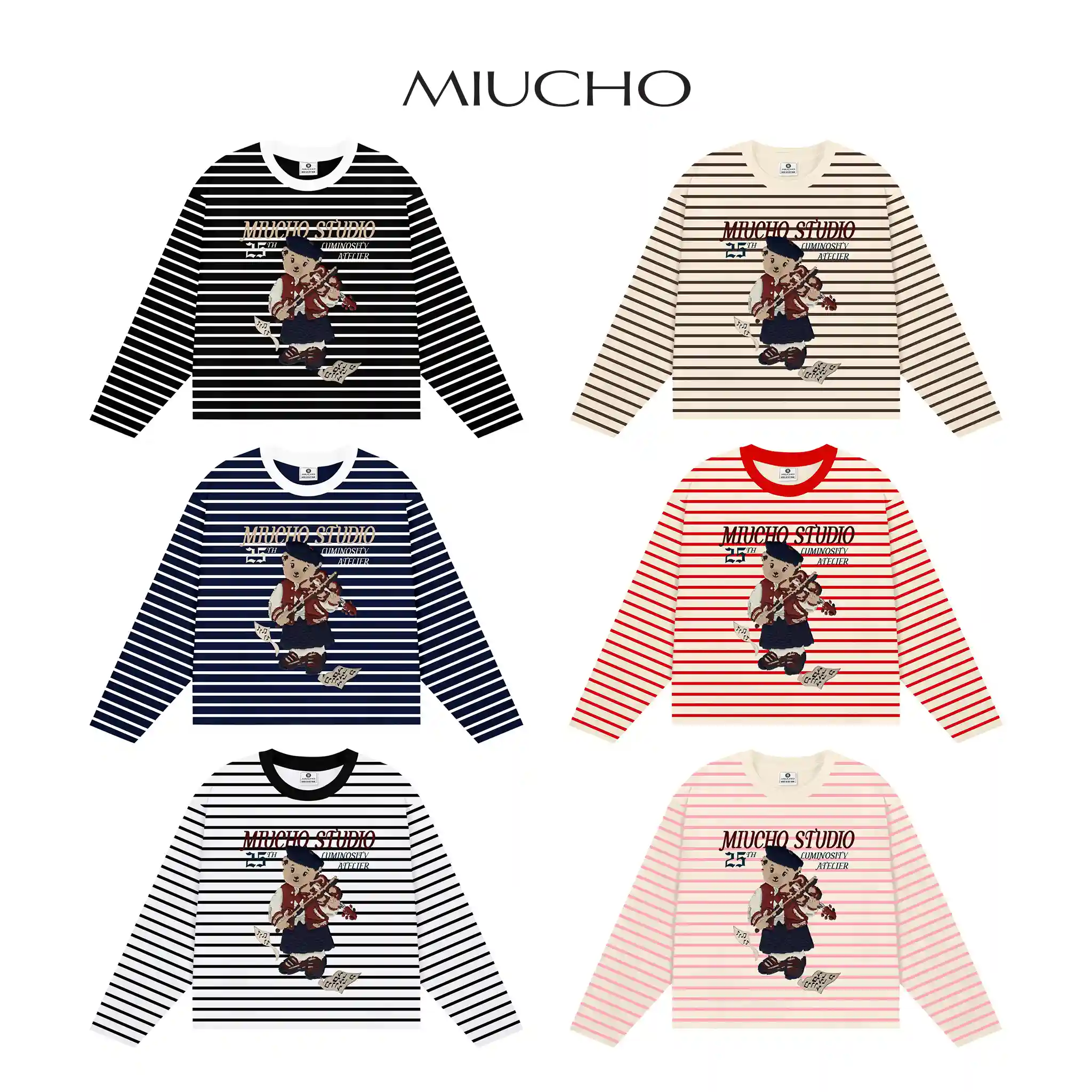 Áo thun boxy tay dài unisex Miucho Studio vải bo rip cao cấp thoáng mát gấu teddy kẻ sọc mix màu 2708