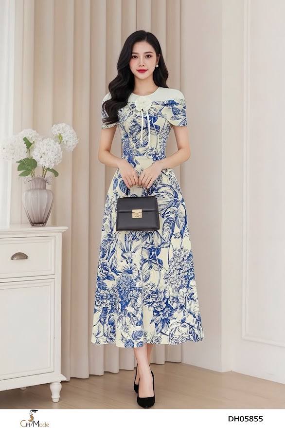 Đầm xòe hoa xanh ,cổ tròn phối trắng+ tà bong che bắp tay,