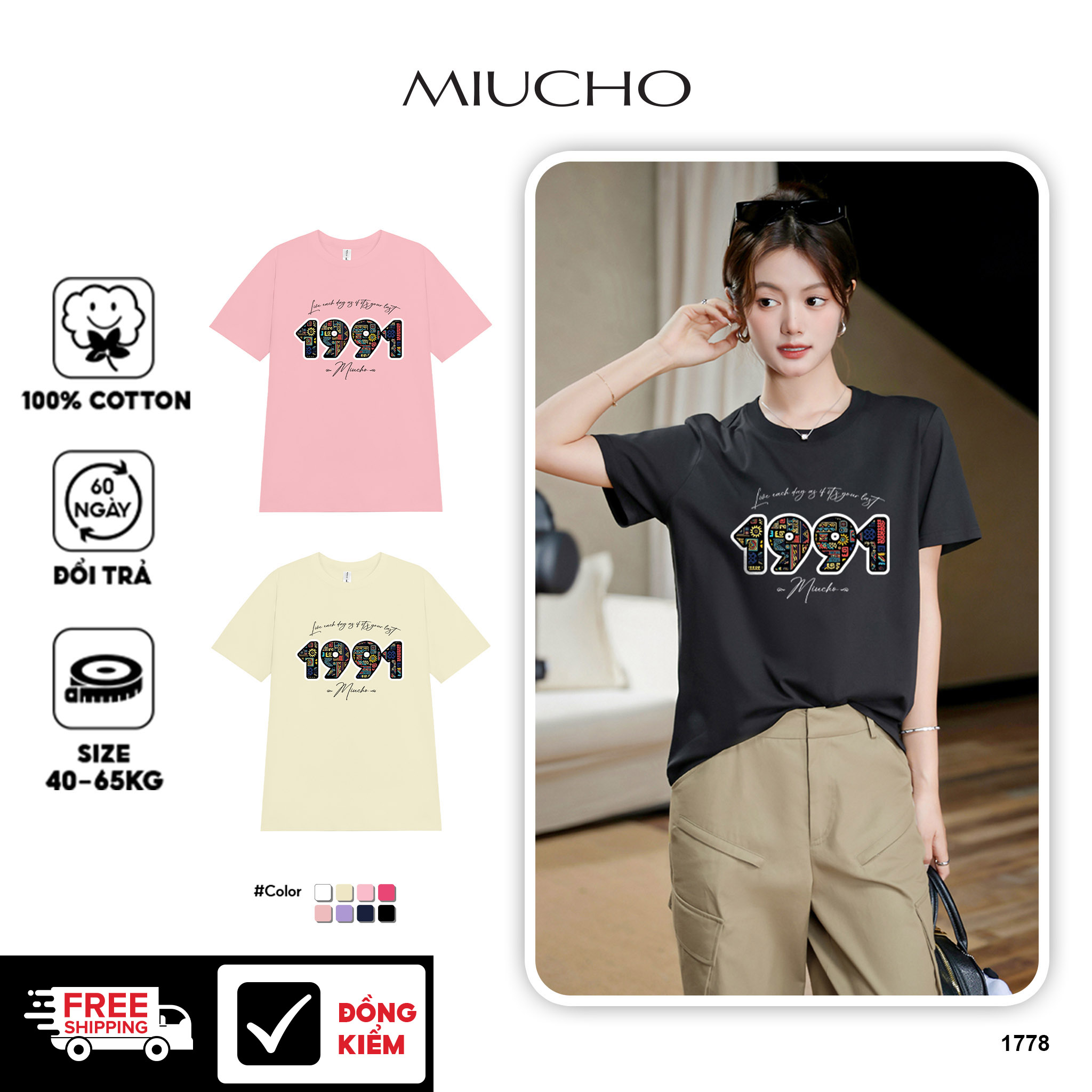 Áo thun nữ in năm sinh 1991 form vừa regular vải cotton 4c thoáng mát ARD1778 Miucho Chic in mix