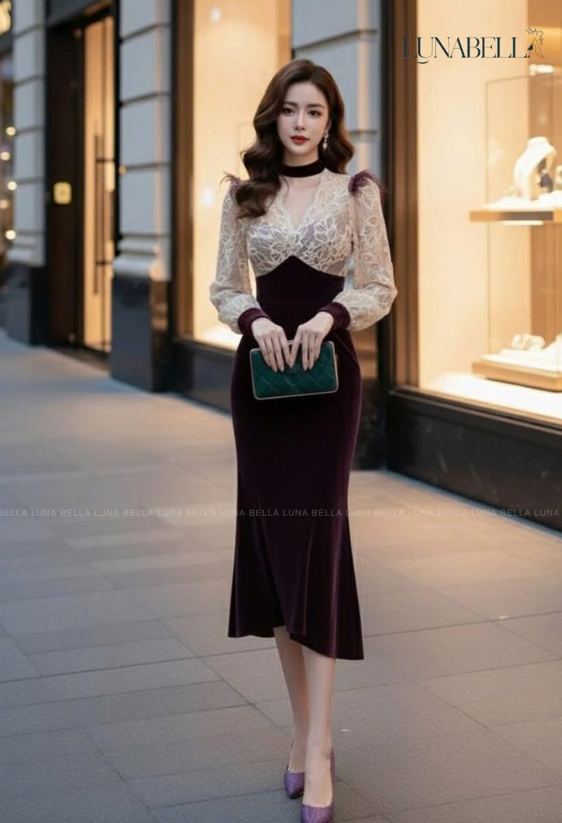 Đầm nhung kiểu phối ren ngực VELIN màu ĐỎ