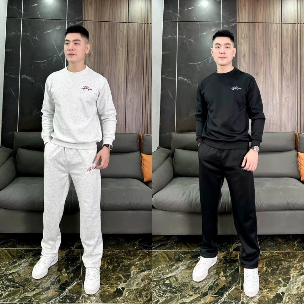 Bộ Nỉ Ép Lông Cáo Nam Nữ Thêu Chữ Ký Siêu Chất FORM Ống Quần Suông