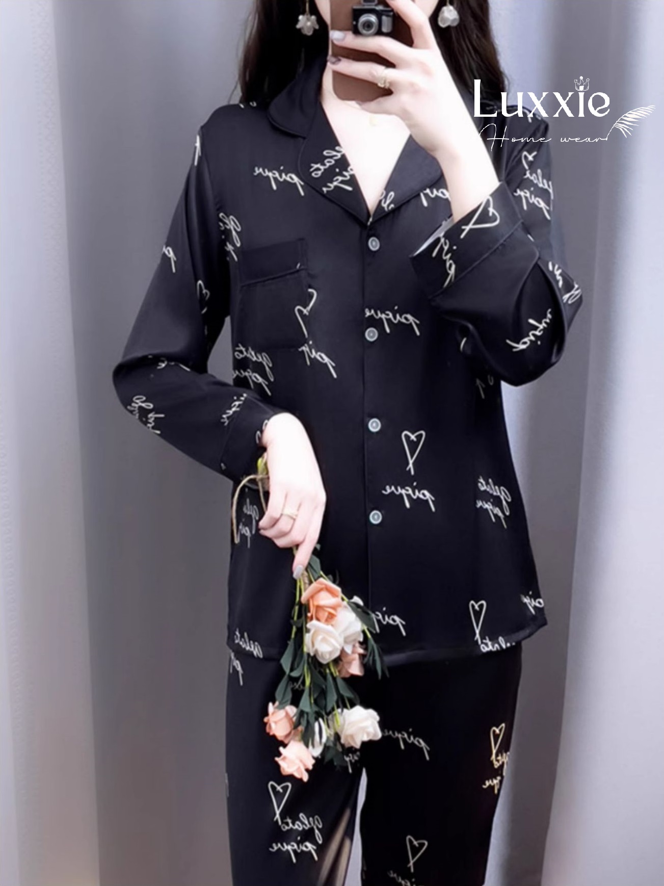 N57 Pijama lụa đen tim chữ trắng