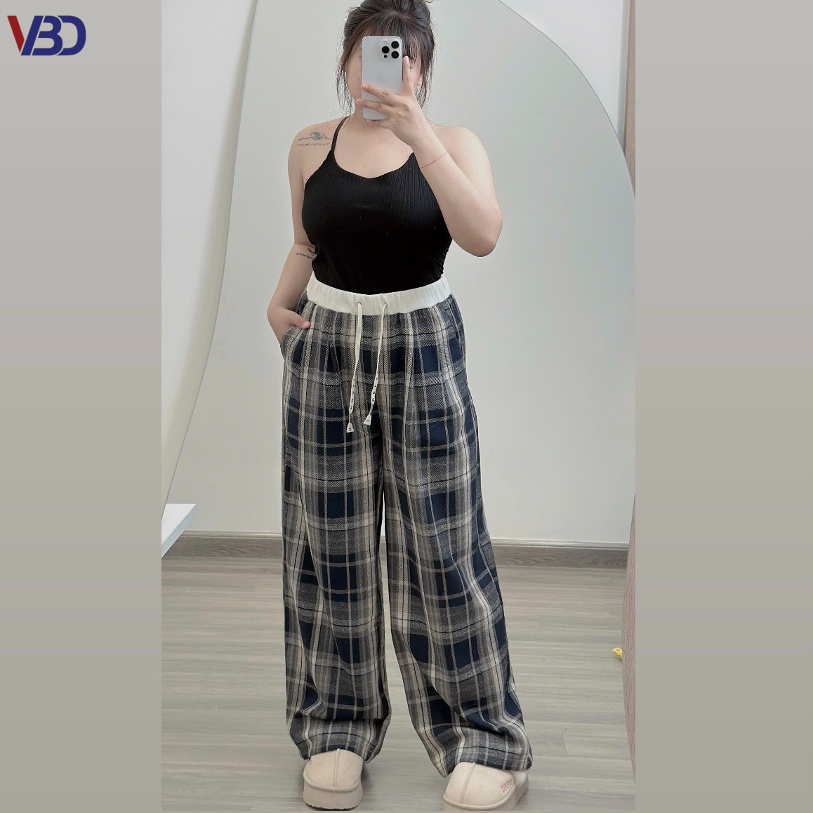 Quần suông nỉ caro phối lưng kiểu bigsize QD032 dành cho nàng mũm mĩm từ 55-95kg