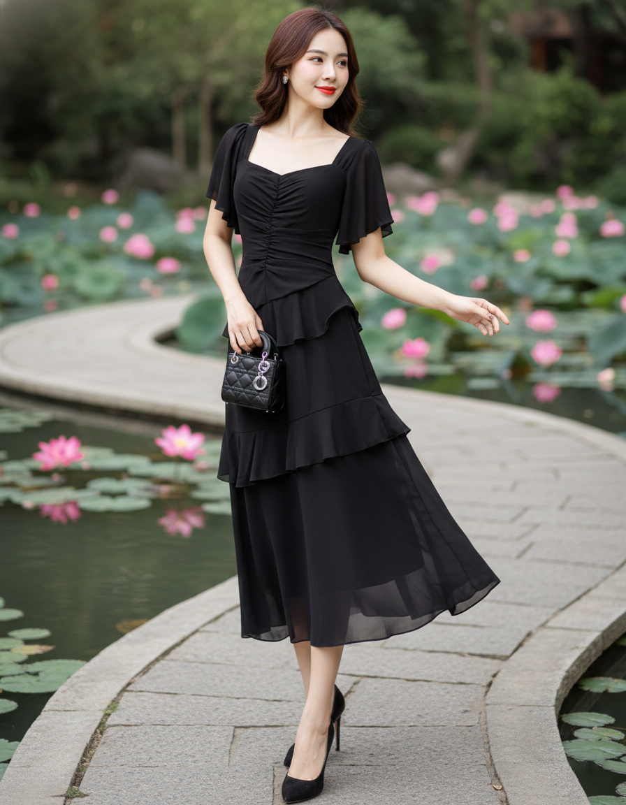 Đầm midi tay cánh tiên cổ u phối bèo xinh xắn_thumbnail_5