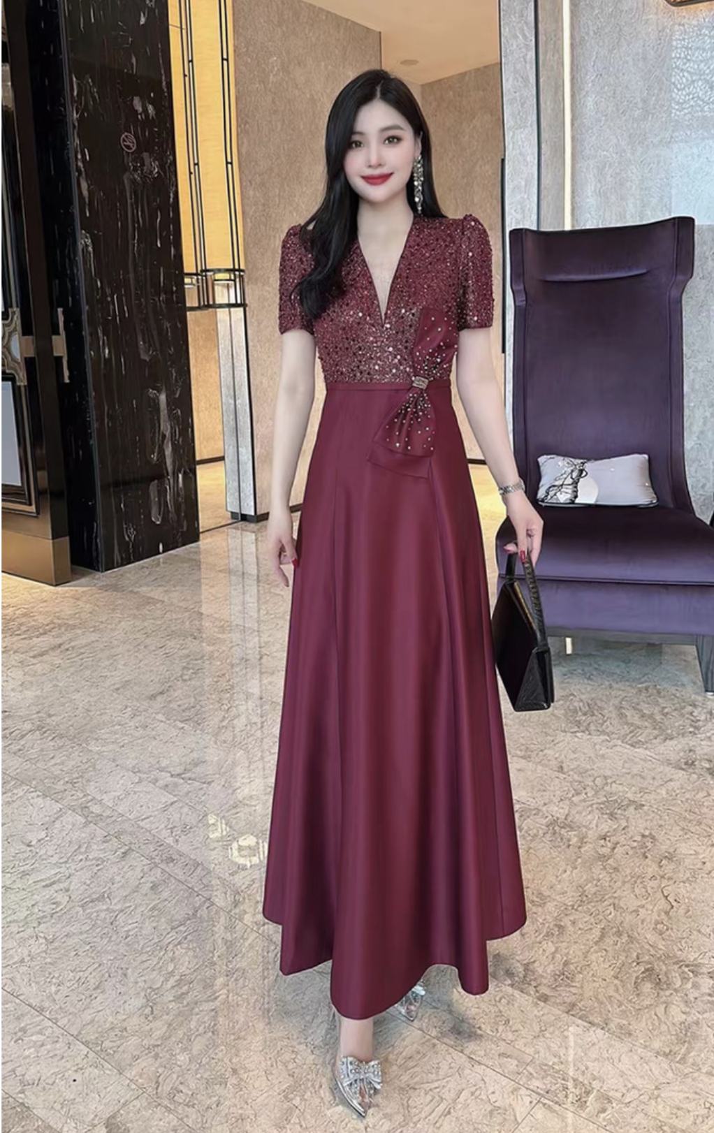 Đầm dự tiệc dạ hội xòe tay con phối nơ cao cấp