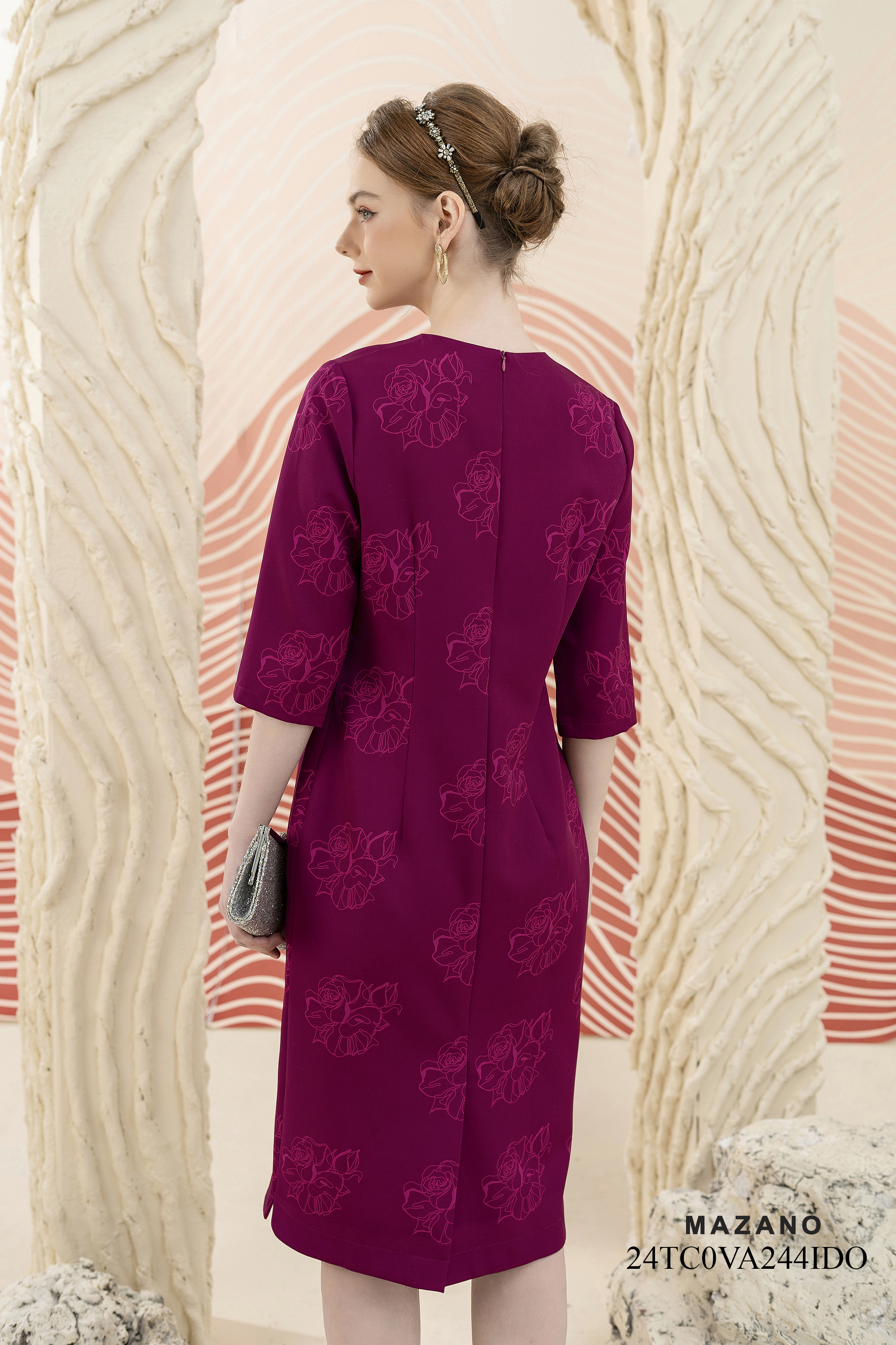 Váy Đầm suông Vải Thô  in hoa bố cục Cổ tròn Dài tới bắp chân VA244IDO_thumbnail_5