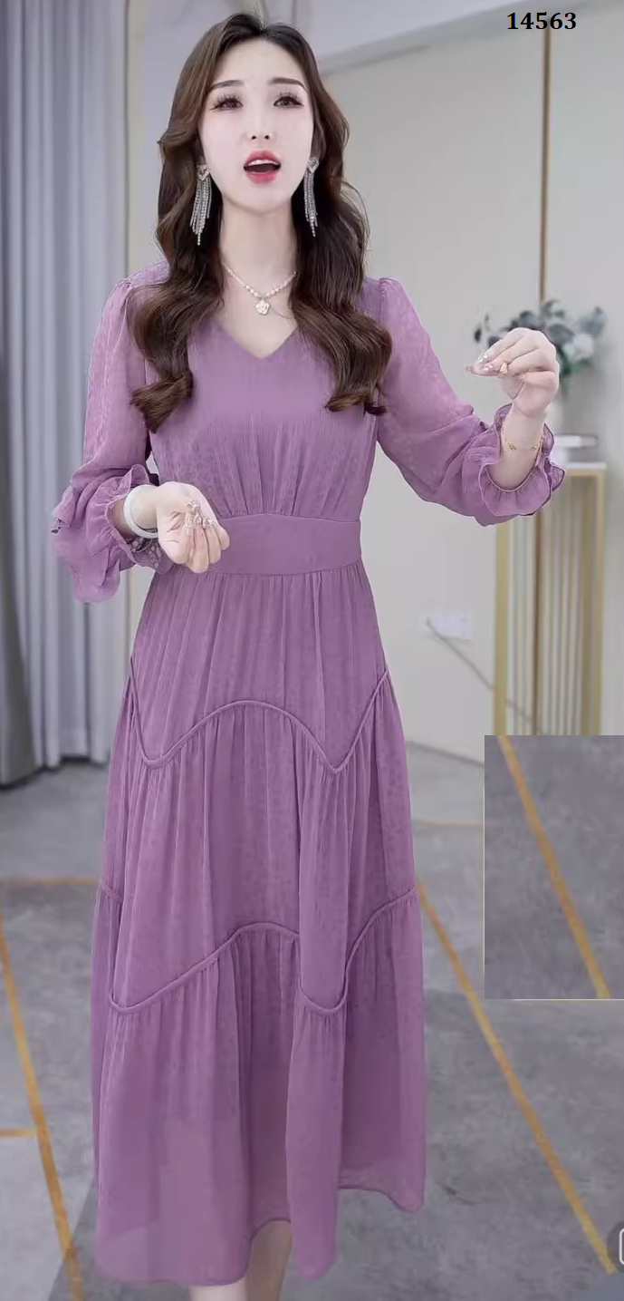 14563-Đầm tím tay  dài tà dợn sóng cách điệu ( voan tơ xước, lót)_thumbnail_3