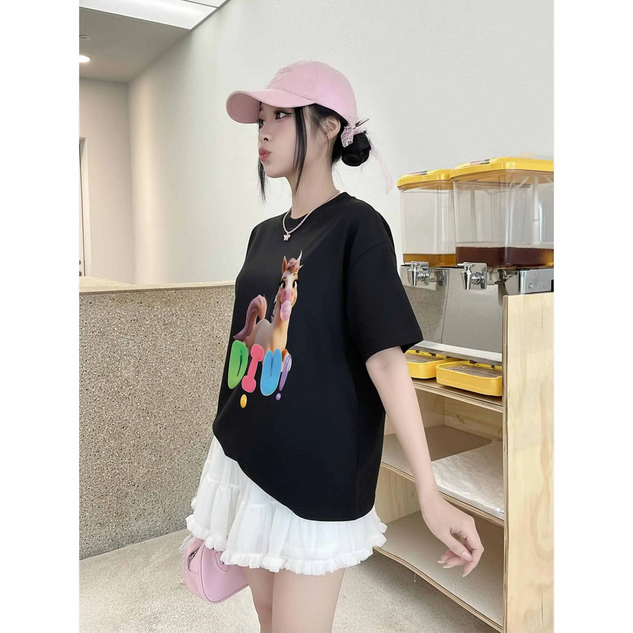 Áo thun nữ form boxy Miucho Club cotton dày dặn thoáng mát cổ tròn hình ngựa dễ thương in mix 2828_thumbnail_2