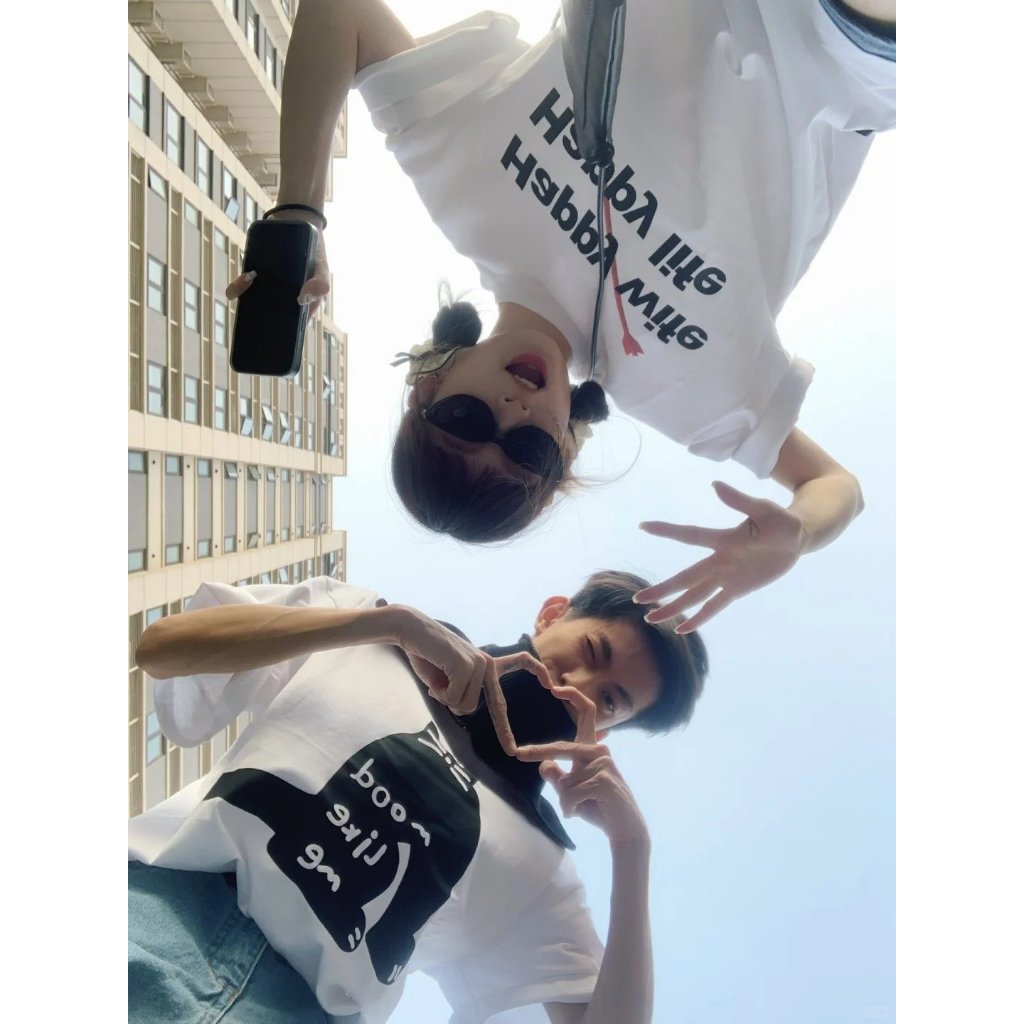 Áo thun couple cặp đôi form rộng tay lỡ màu xinh ATD864 Miucho vải cotton cổ tròn in mix_thumbnail_4